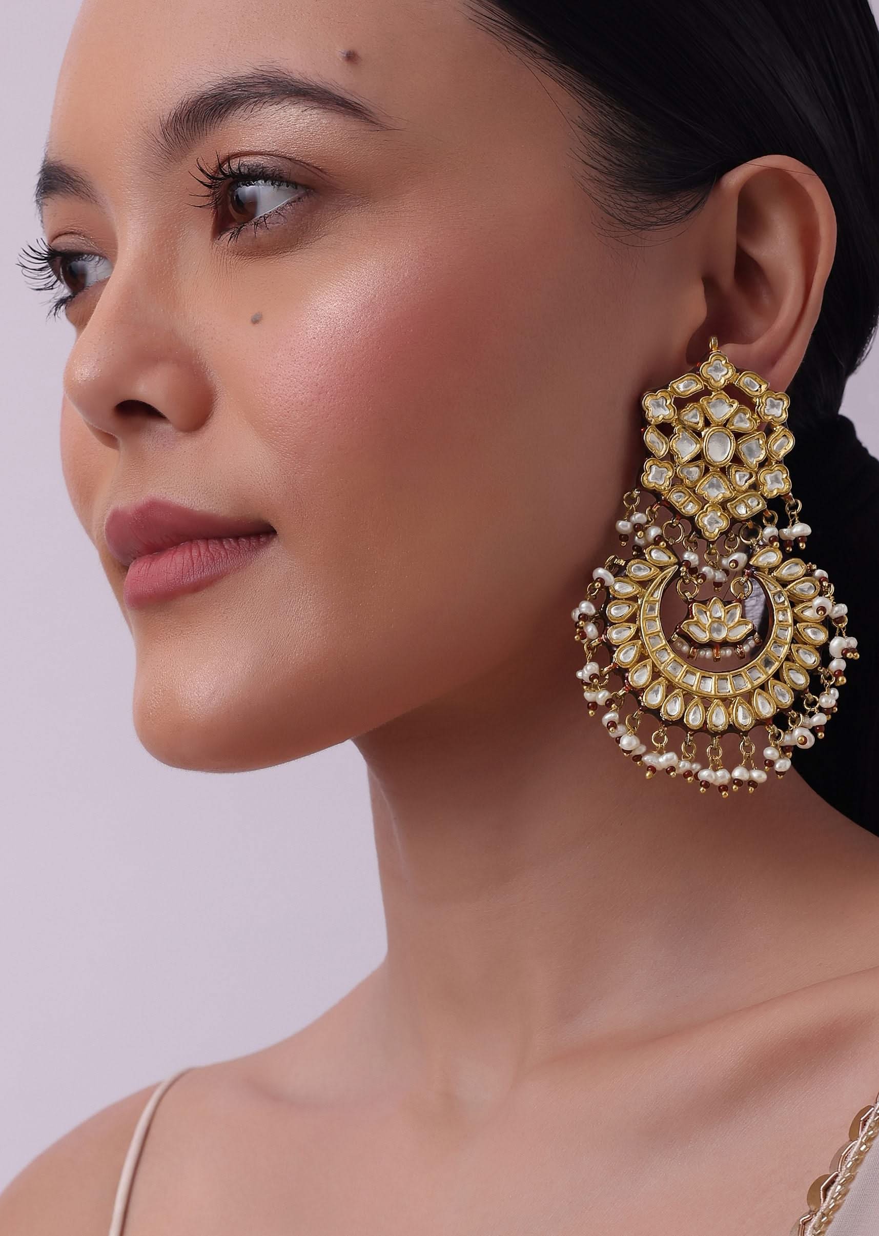 Gold Finish Kundan Chandbalis With Green Drops - Image 12