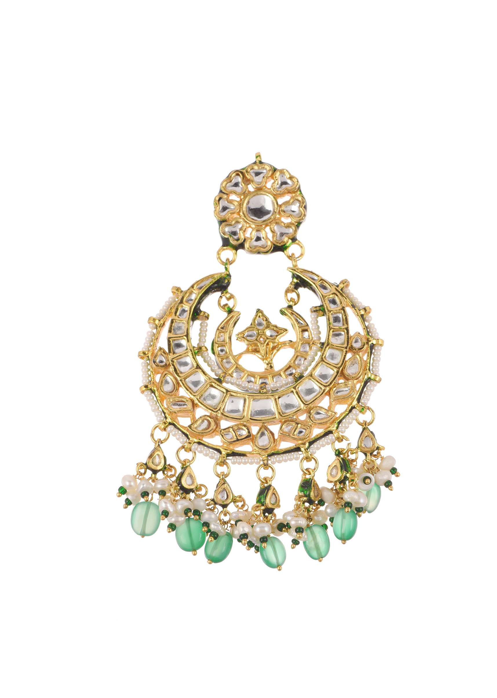 Gold Finish Kundan Chandbalis With Green Drops - Image 7