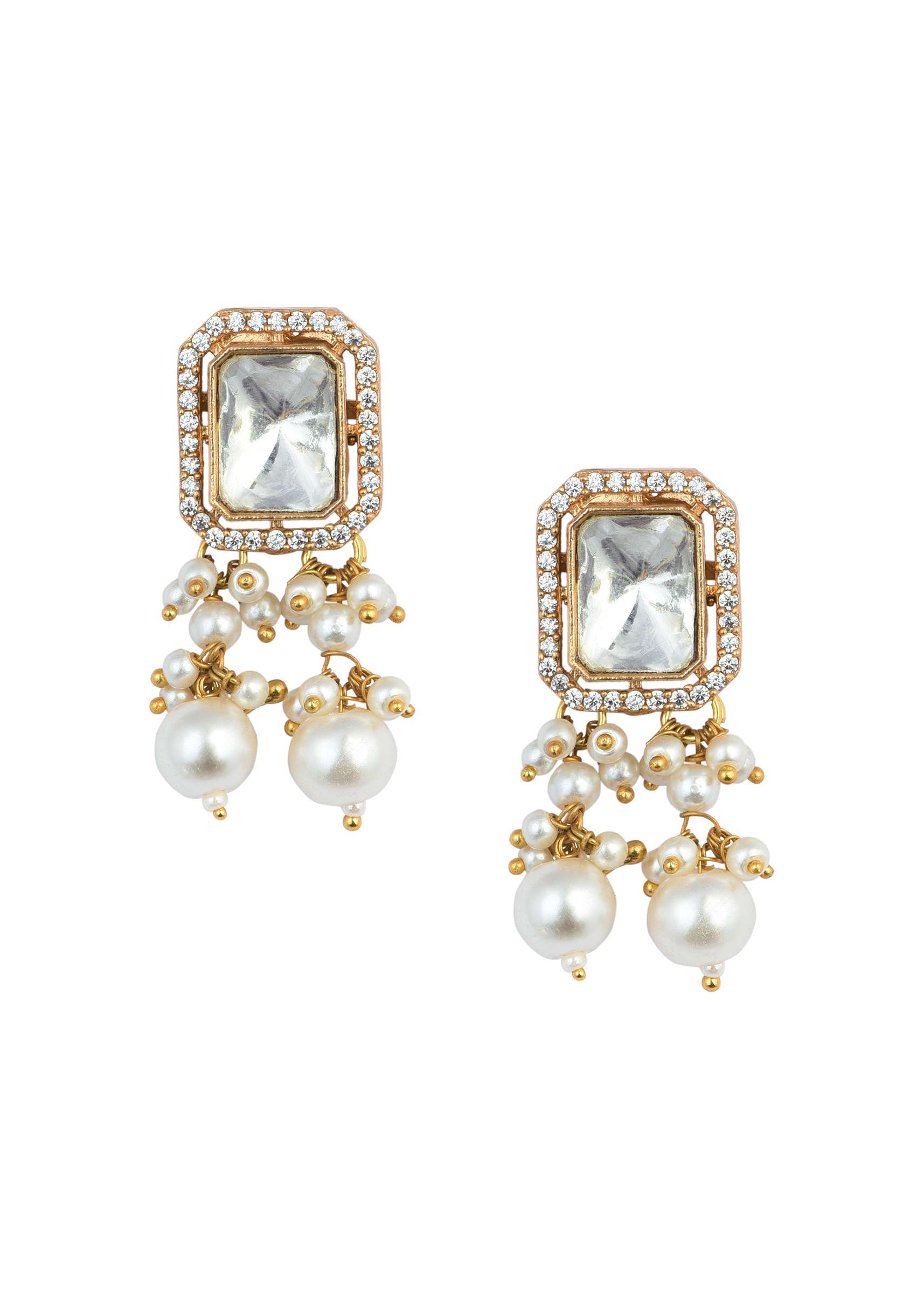 Gold Finish Kundan Necklace Set With Pearl Drops And Geometric Motifs - Image 6
