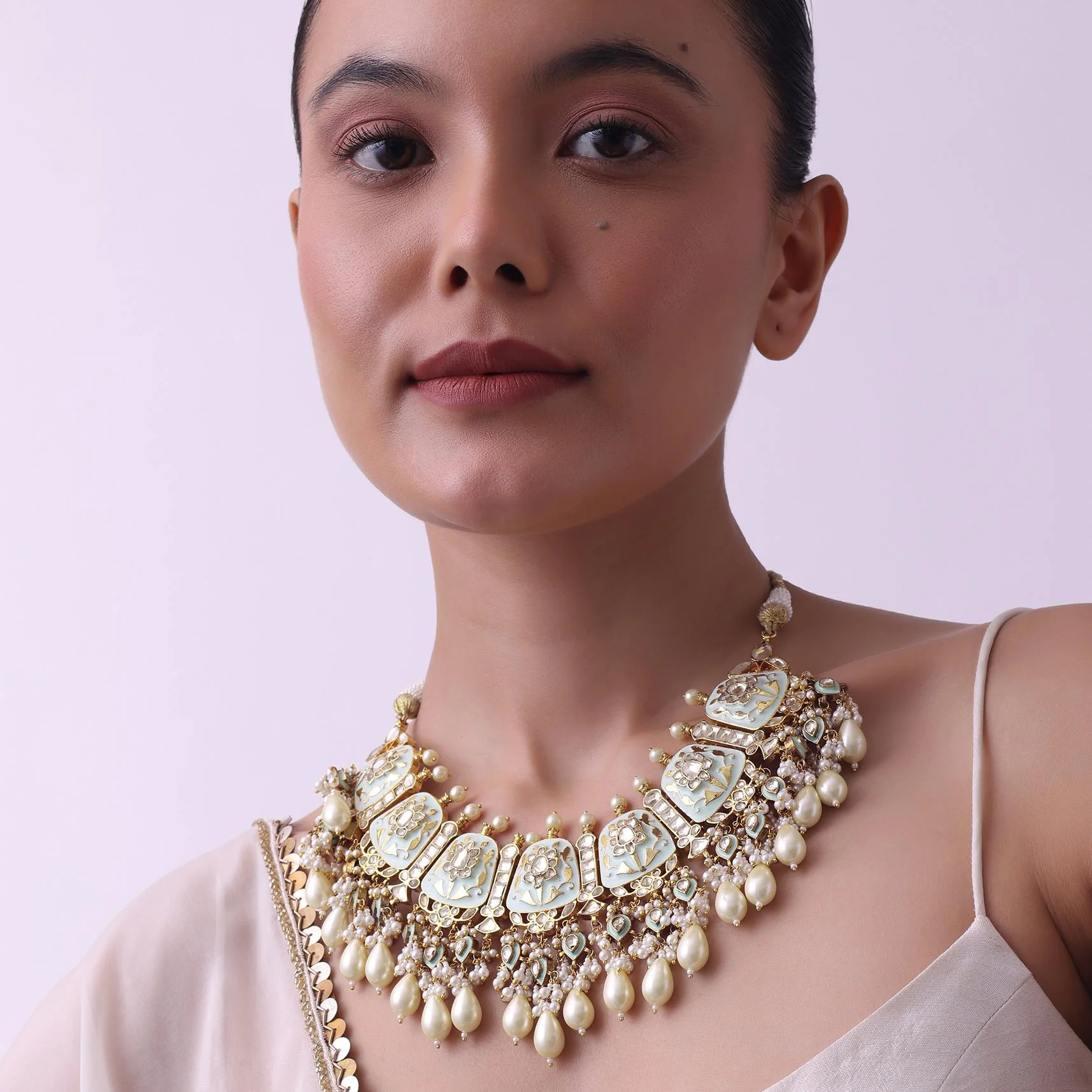 Gold Finish Kundan Necklace With Meenakari Work - Image 2
