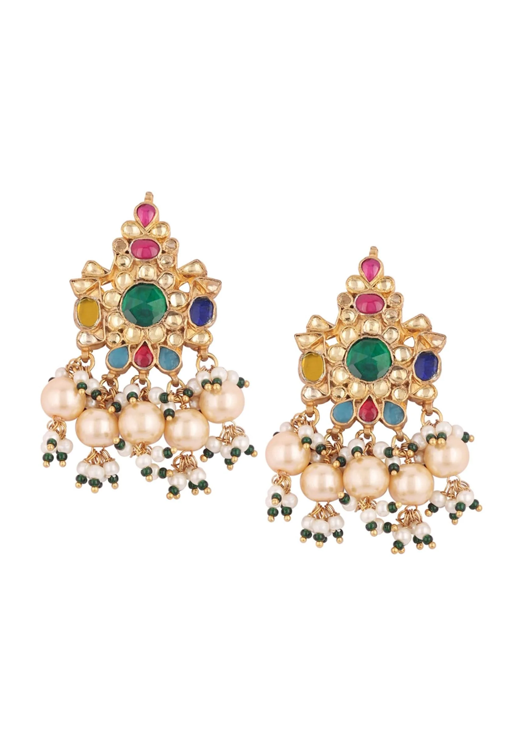 Gold Finish Kundan Polki Red And Green Choker Set With Beads And Stones - Image 16