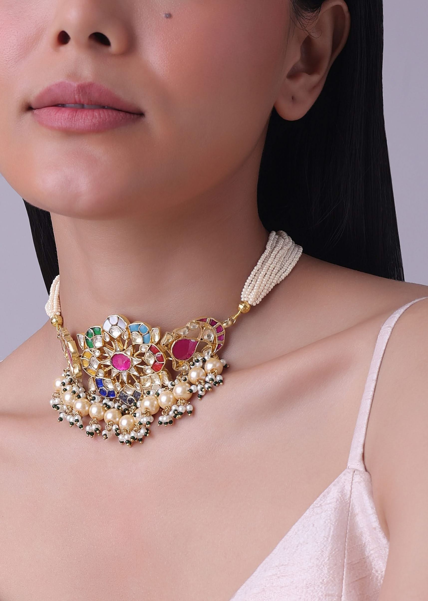 Gold Finish Kundan Polki Red And Green Choker Set With Beads And Stones - Image 6