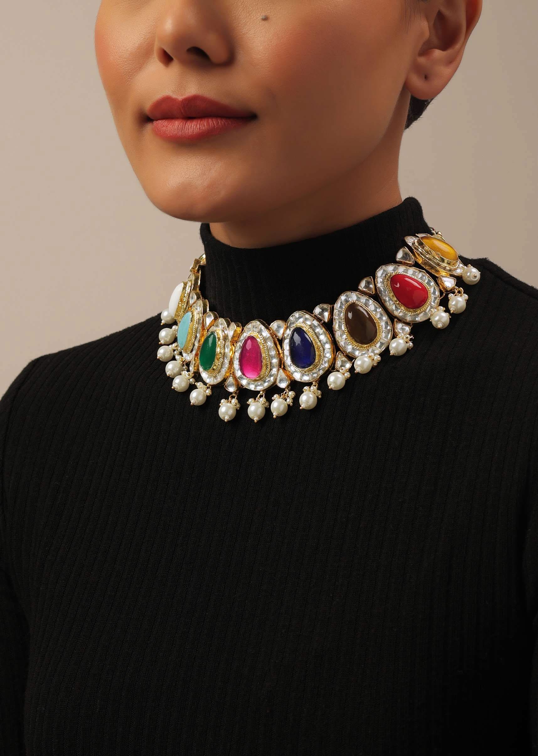 Gold Finish Navratna Kundan Polki Choker Set - Image 2