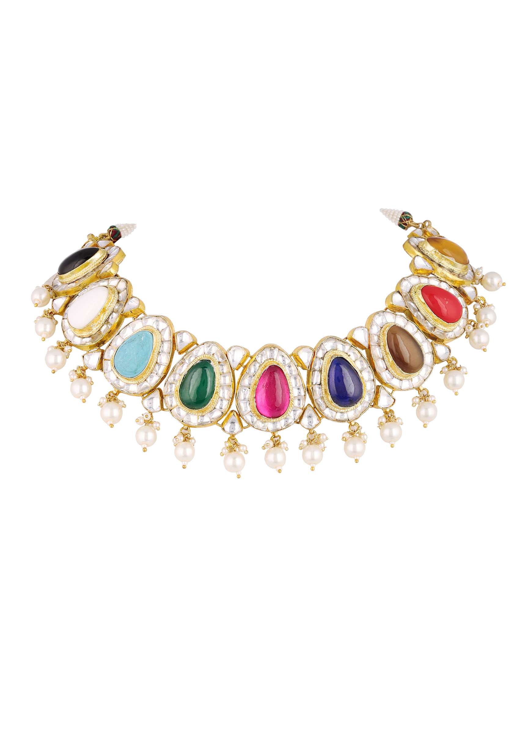 Gold Finish Navratna Kundan Polki Choker Set - Image 6