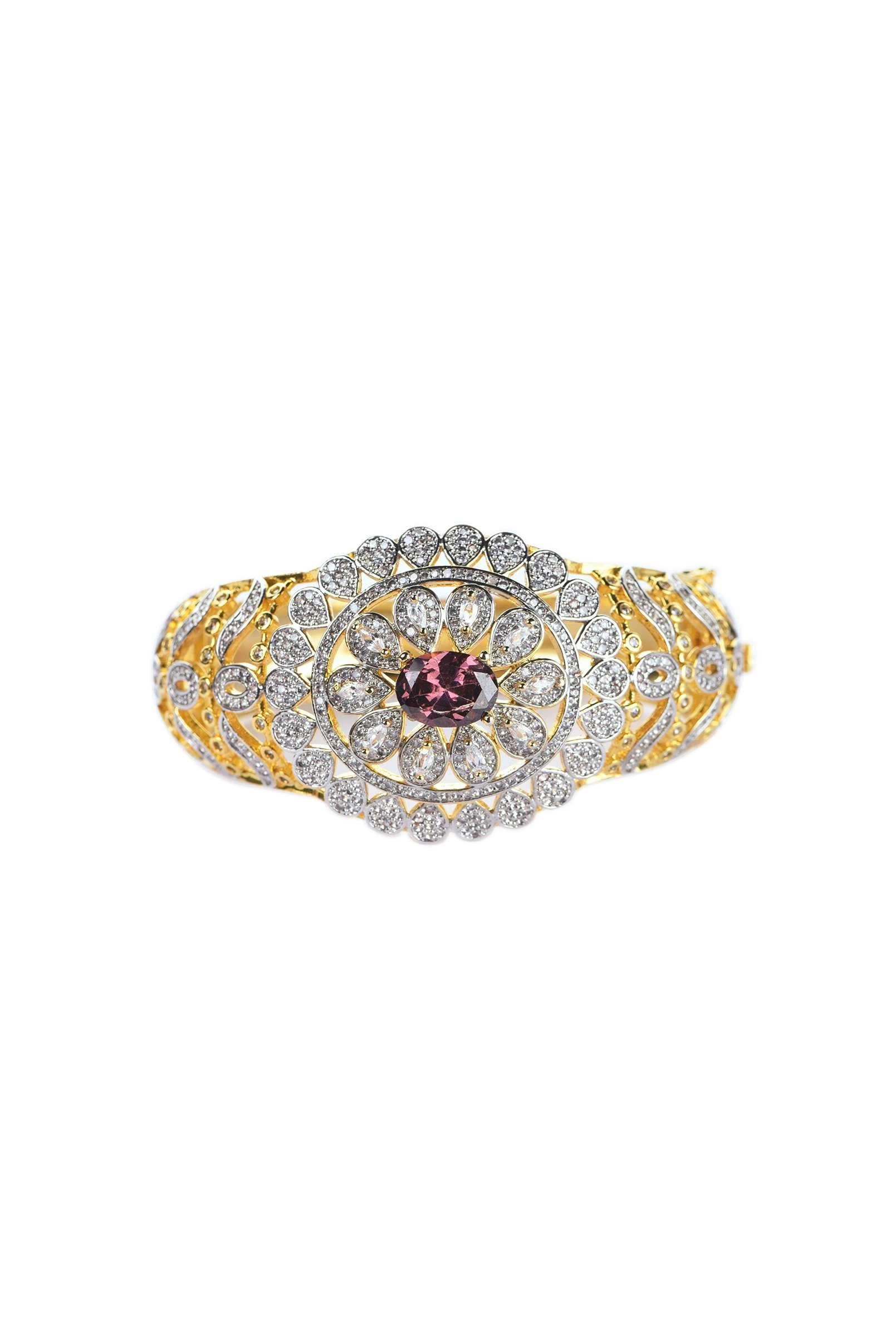 Gold Finish Openable Bangle With Zircon And Ruby Stone - Image 3