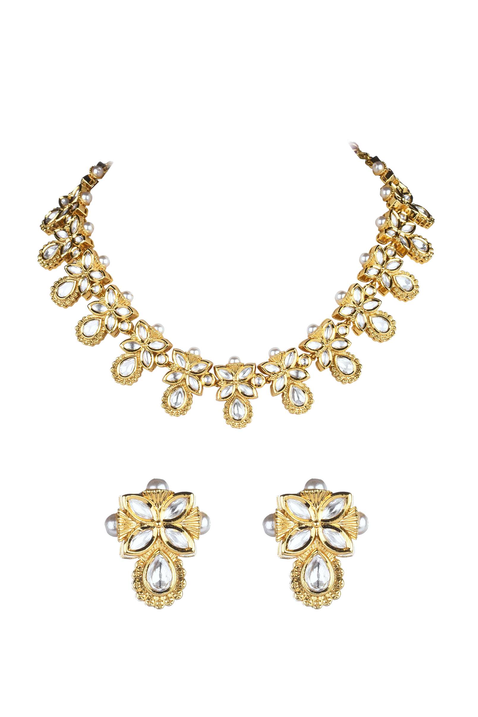 Gold Finish Short Moissanite Kundan Necklace Set - Image 5