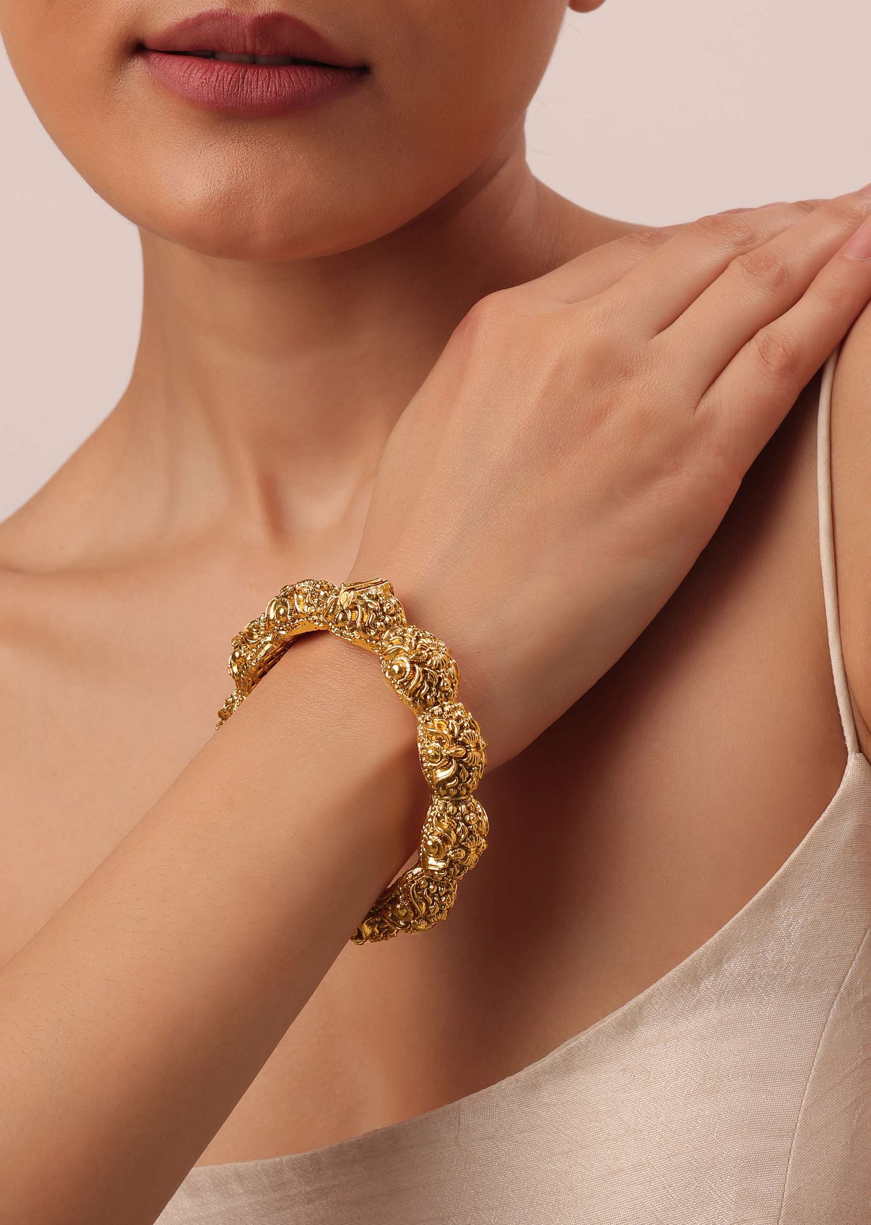 Gold Finish Temple Style Bangle With Carvings - Image 2