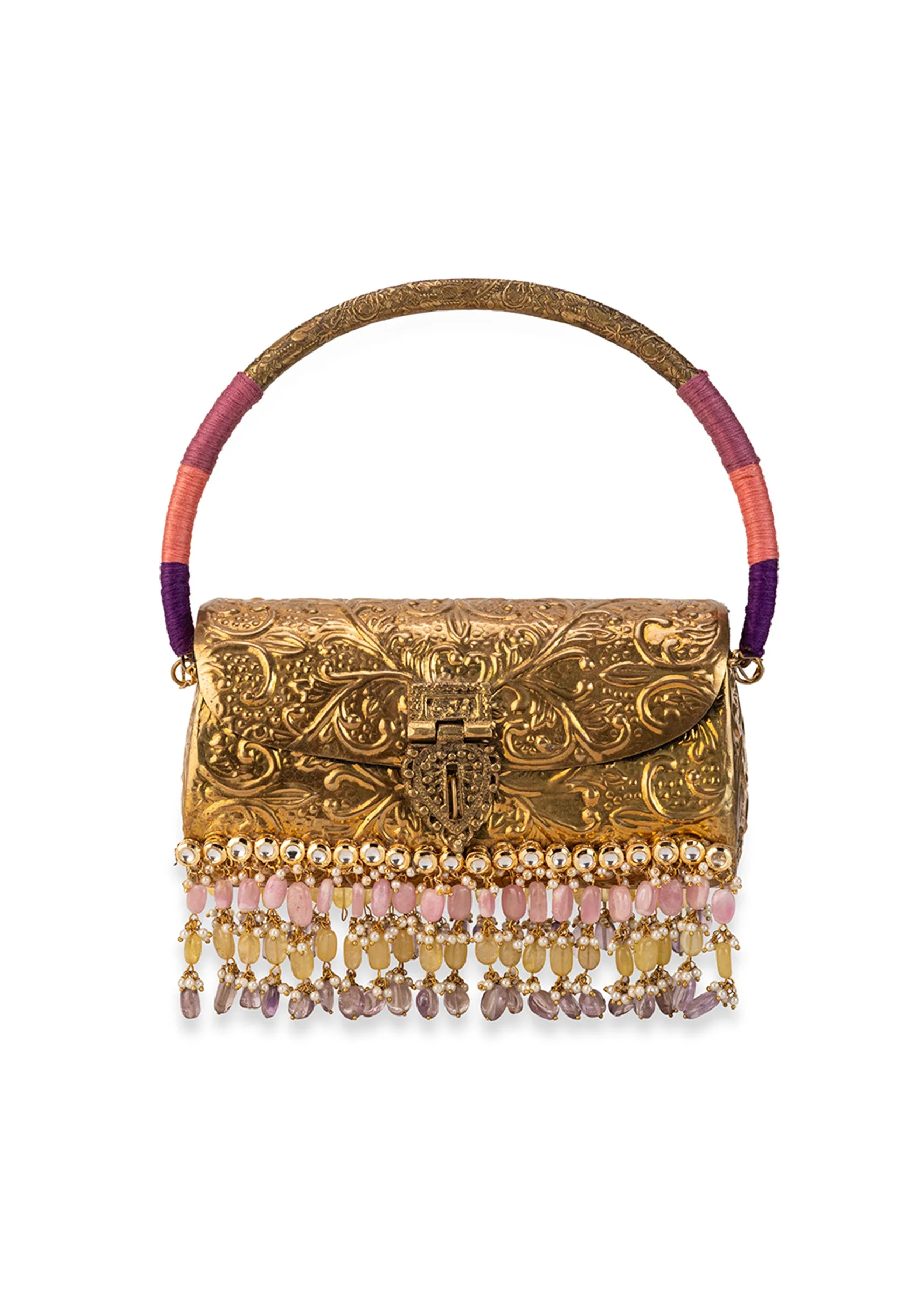 Gold Floral Engraved Bead Tassel Metal Bag - Image 2