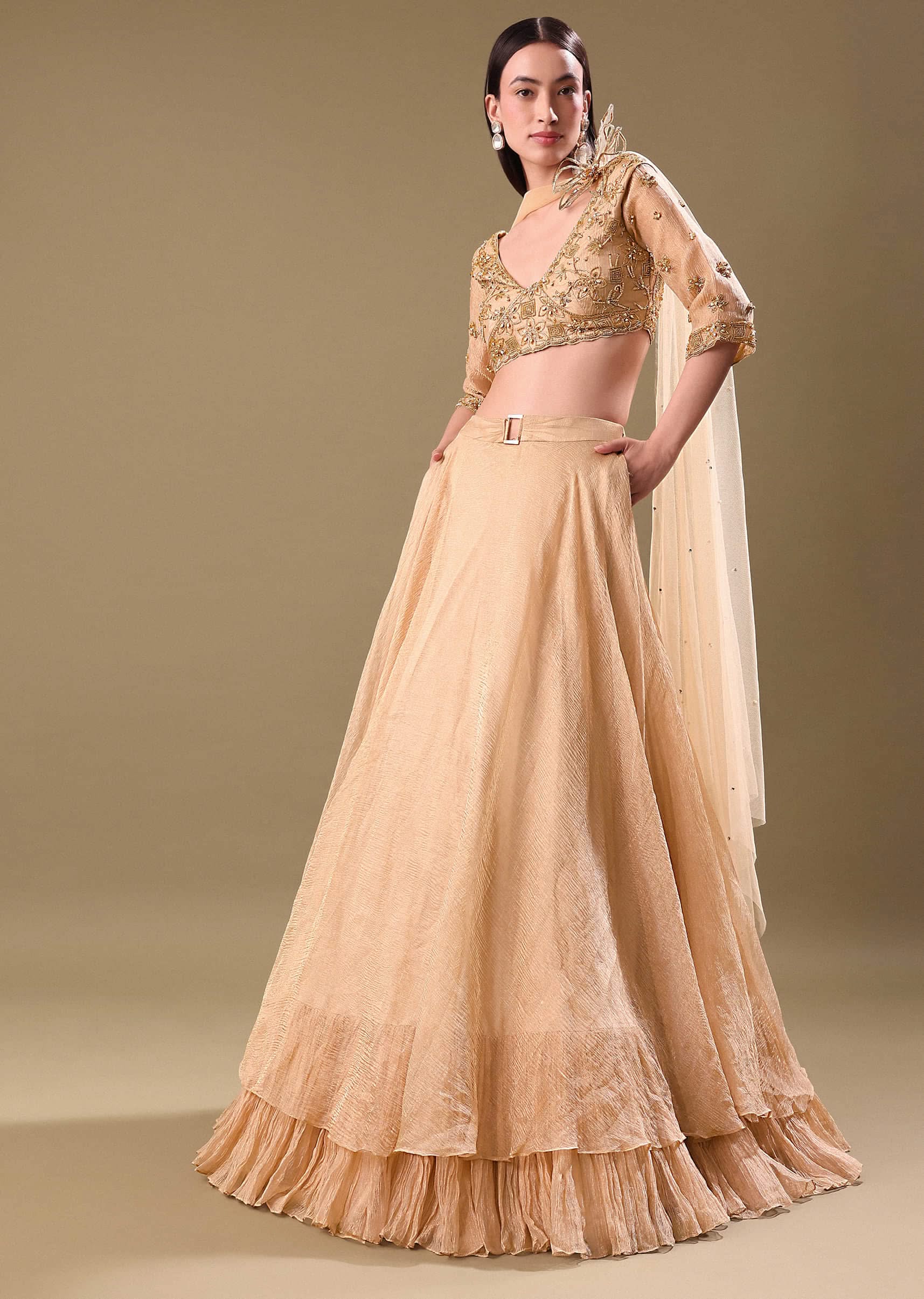 Gold Hand Embroidered Tissue Lehenga And Blouse With Dupatta - Image 3