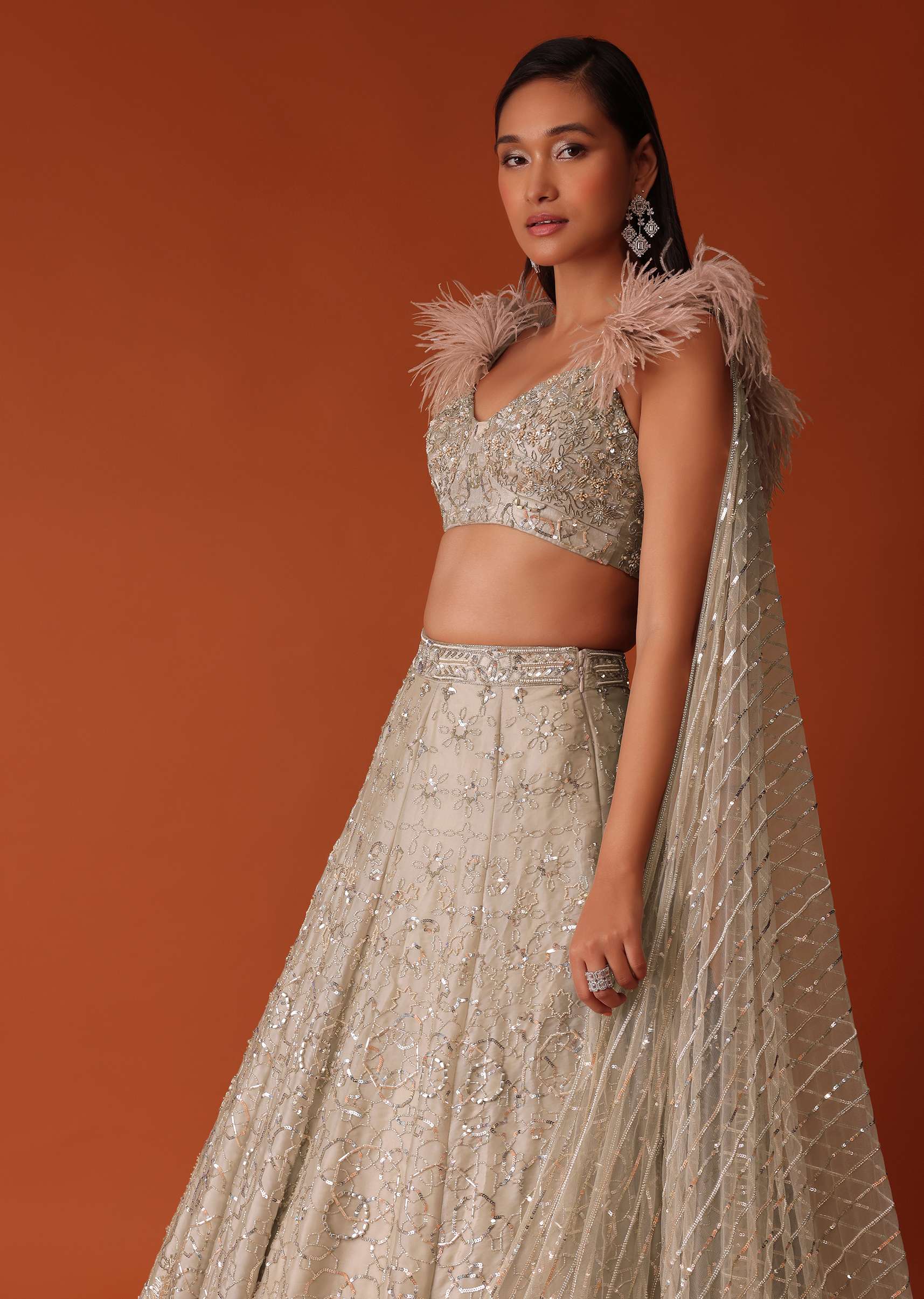 Gold Heavy Hand Embroidered Bridal Lehenga Set In Organza - Image 3