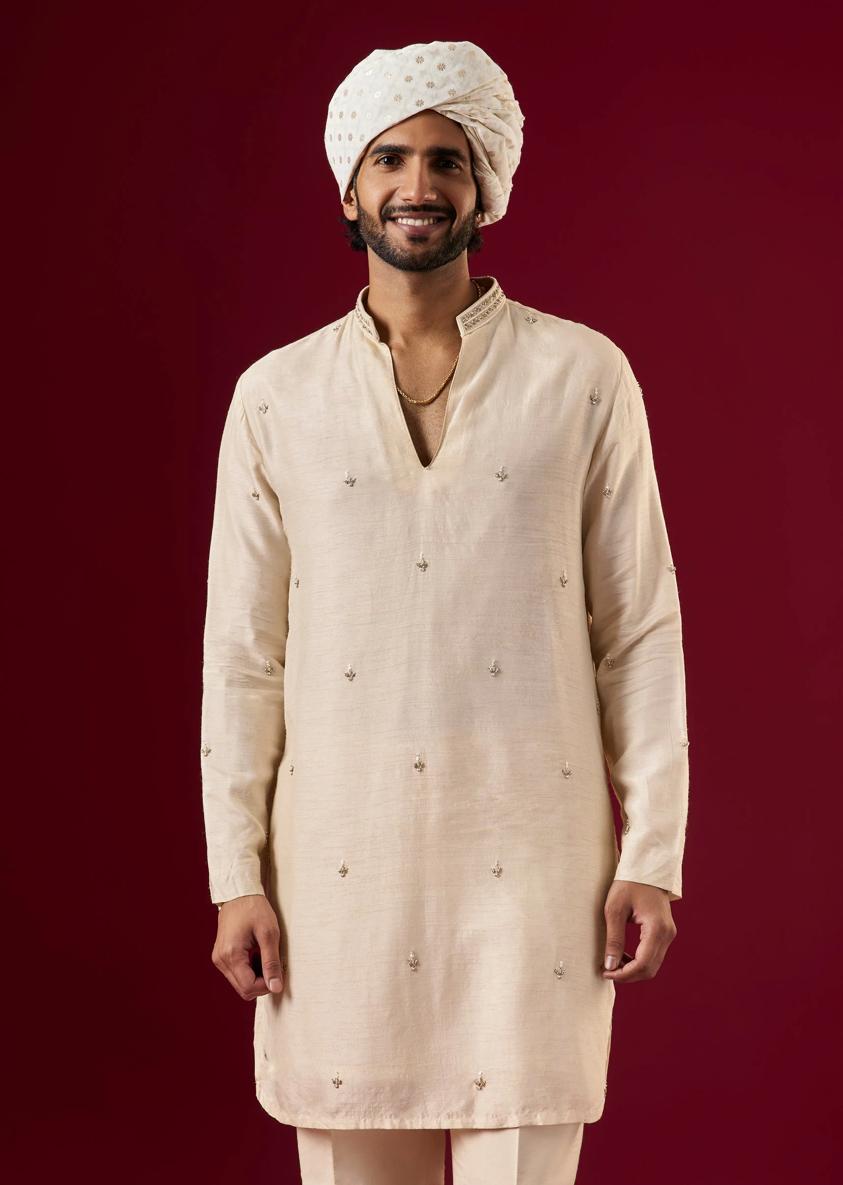 Gold Linen Sherwani Set With Self Embroidery - Image 7