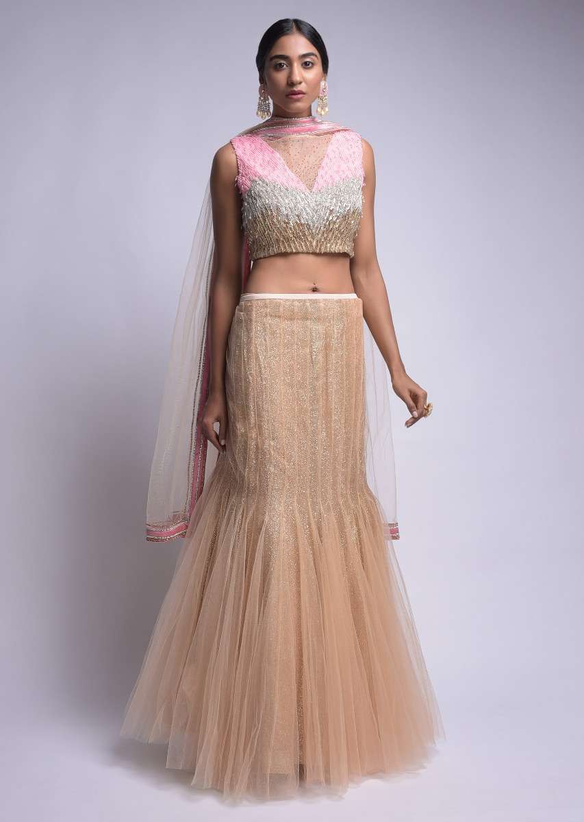 Gold Mermaid Cut Skirt And Crop Top With Pink, Silver And Gold Embroidery In Ombre Pattern - Image 3