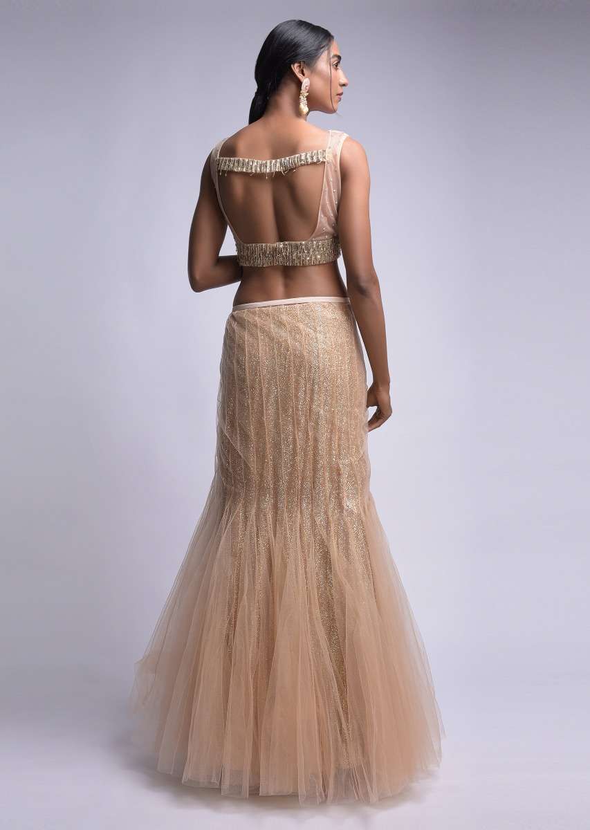 Gold Mermaid Cut Skirt And Crop Top With Pink, Silver And Gold Embroidery In Ombre Pattern - Image 4