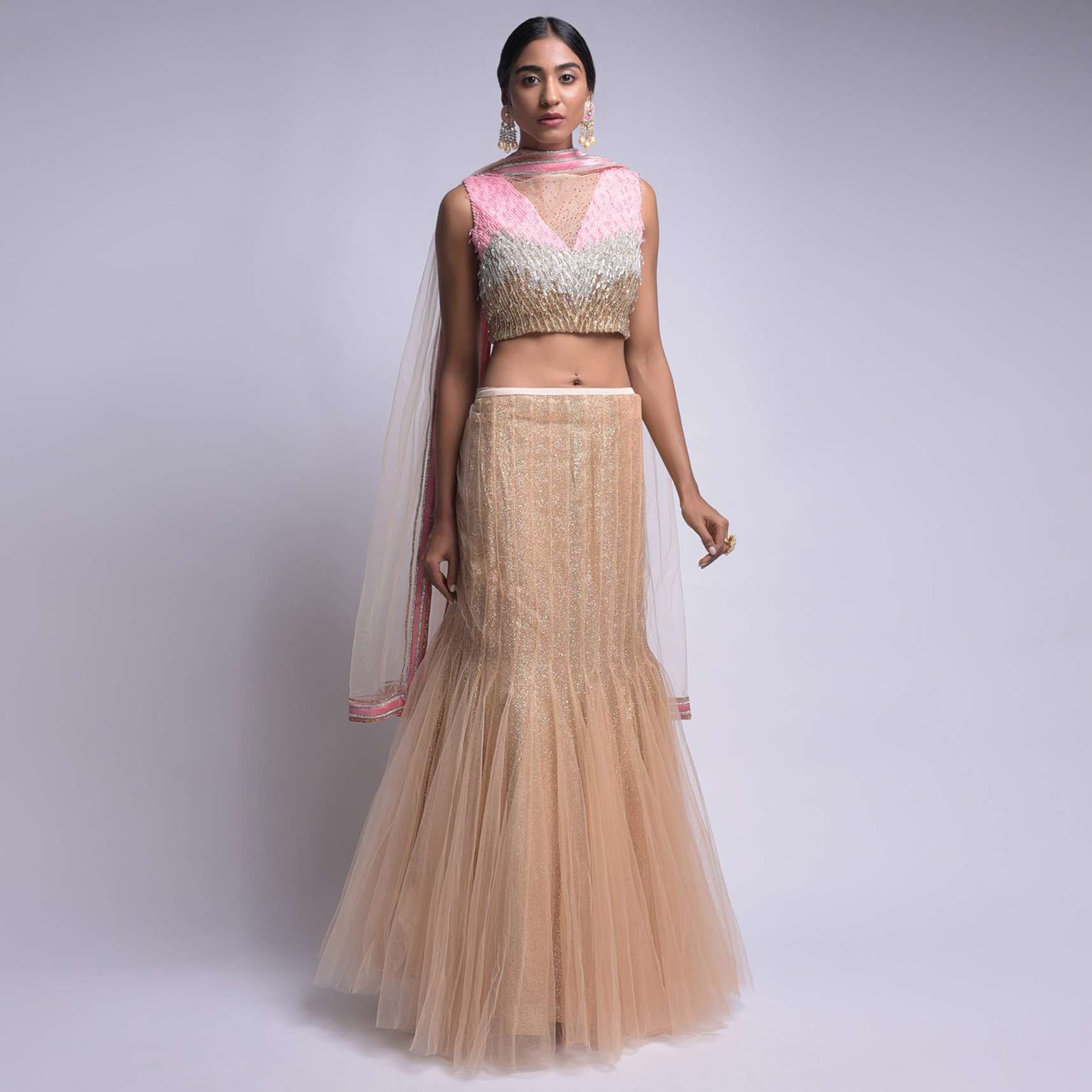Gold Mermaid Cut Skirt And Crop Top With Pink, Silver And Gold Embroidery In Ombre Pattern - Image 5