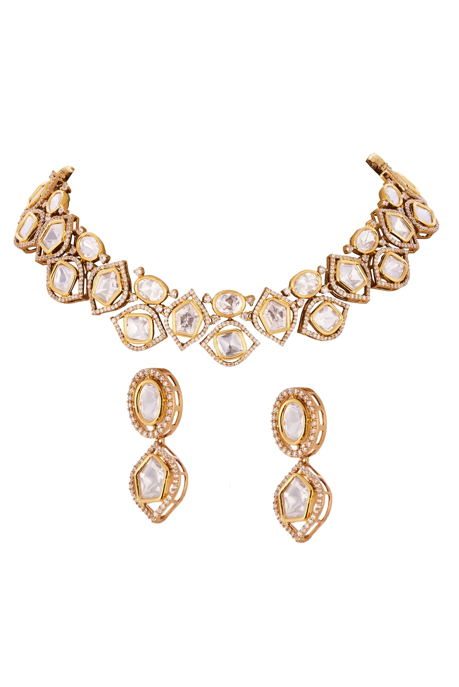 Gold Necklace Set with Polki Detailings - Image 2
