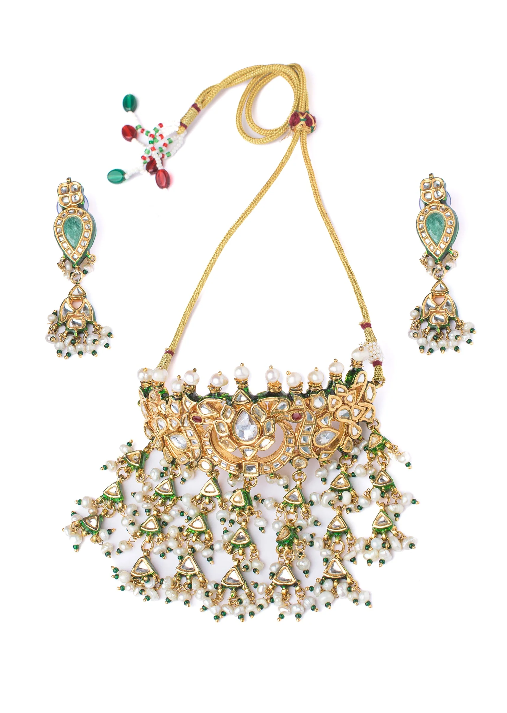 Gold Necklace Set With Stones And Pearl Tassels - Image 2