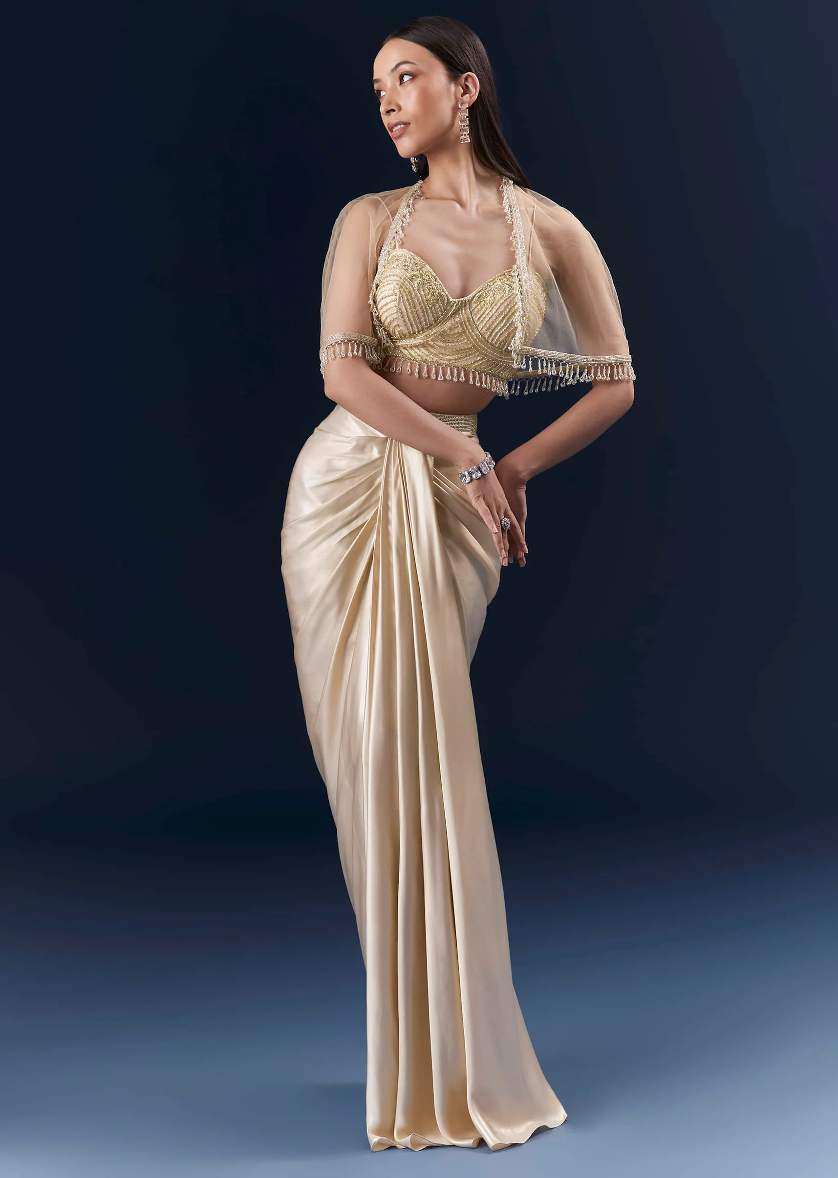 Gold Net Crop Top And Drape Skirt Set With Cutdana And Beads Work - Image 4