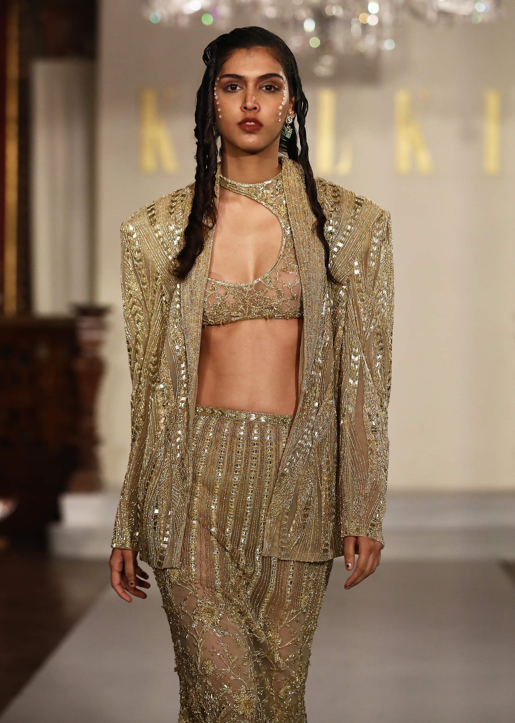 Gold Net Metallic Hand Embroidered Indo Western Set With Mermaid Skirt - Image 2