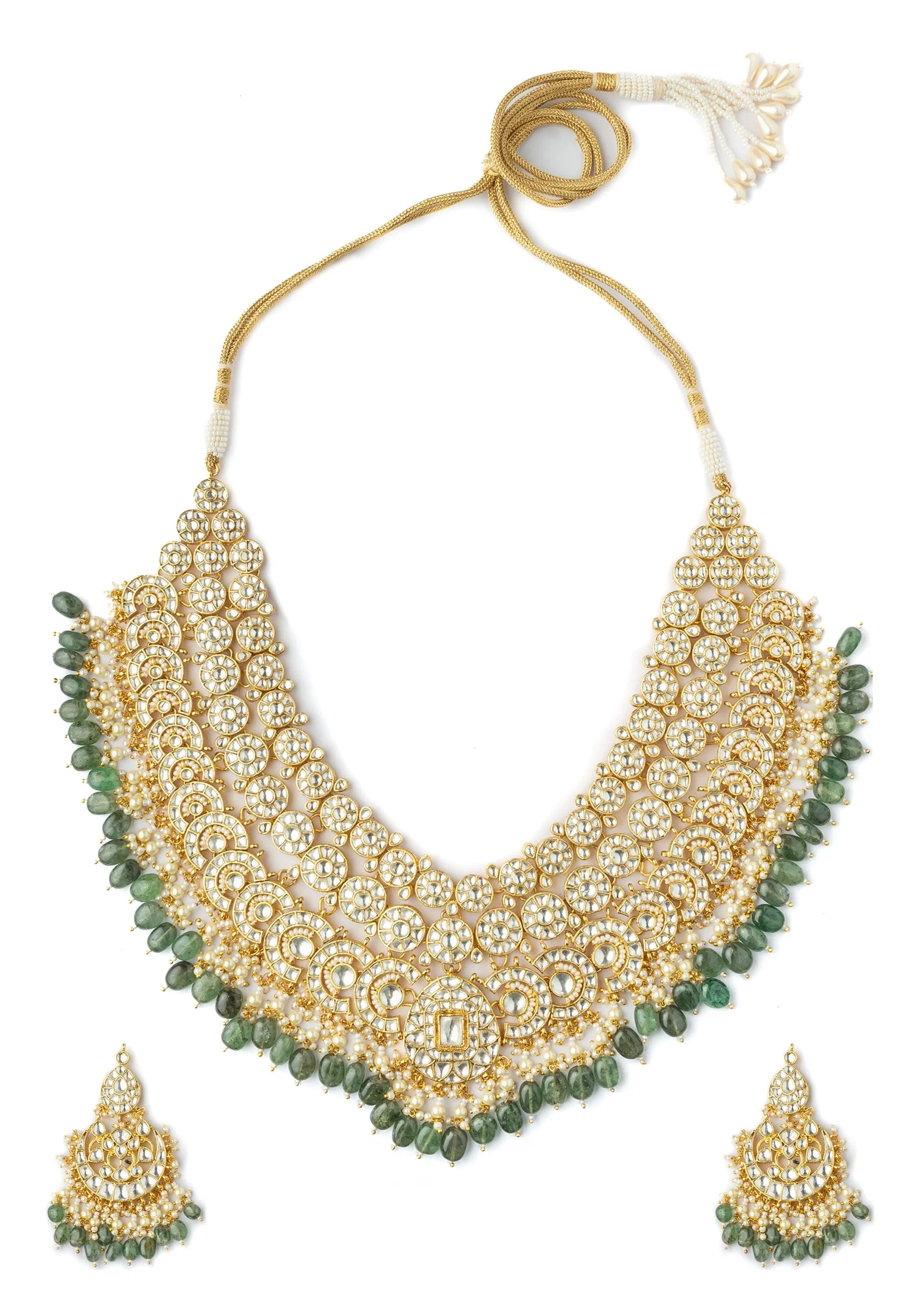 Gold Plated Green Intricate Kundan Work Necklace With Earring Set - Image 2
