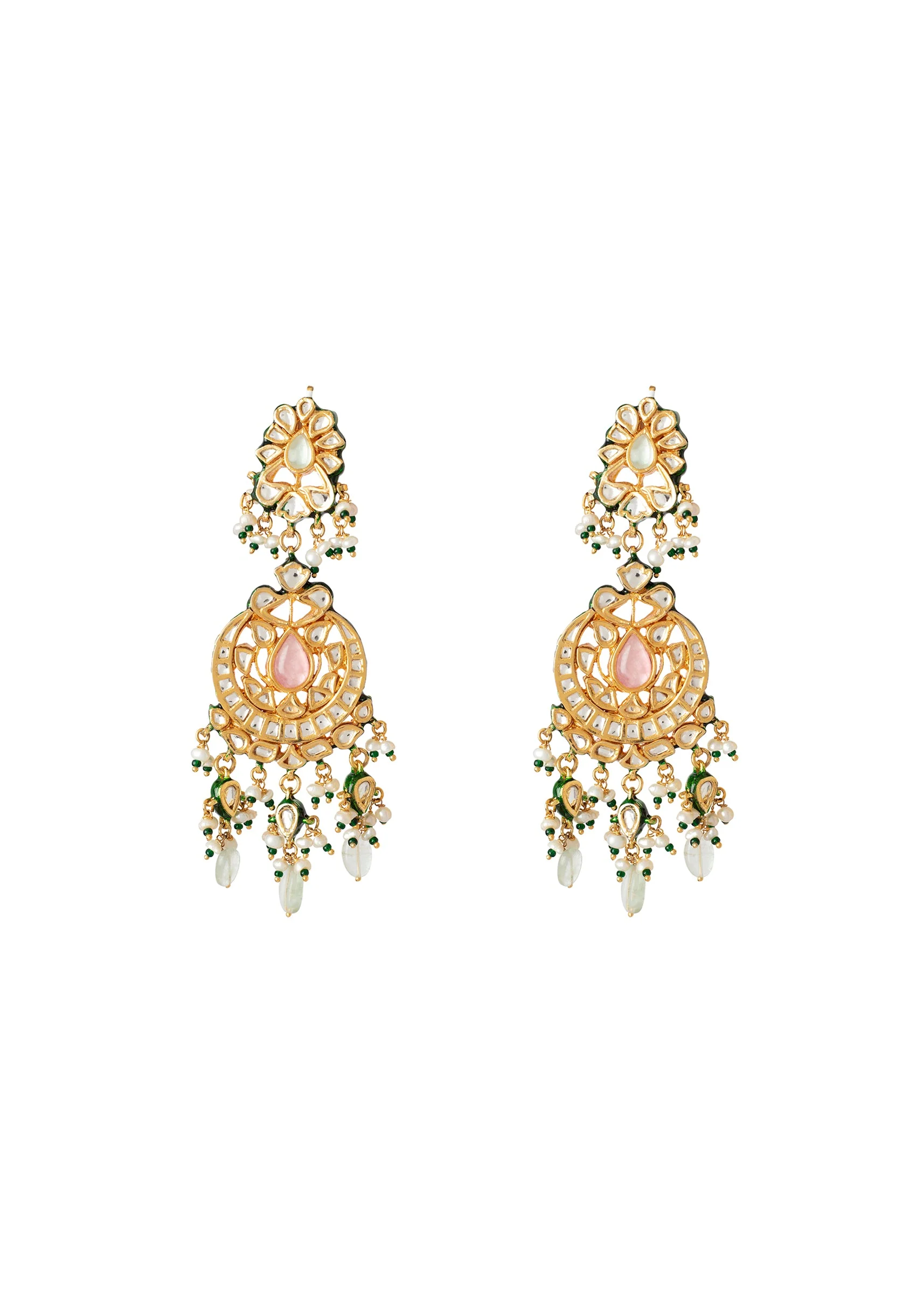 Gold Plated Green Kundan Polki Earrings - Image 2
