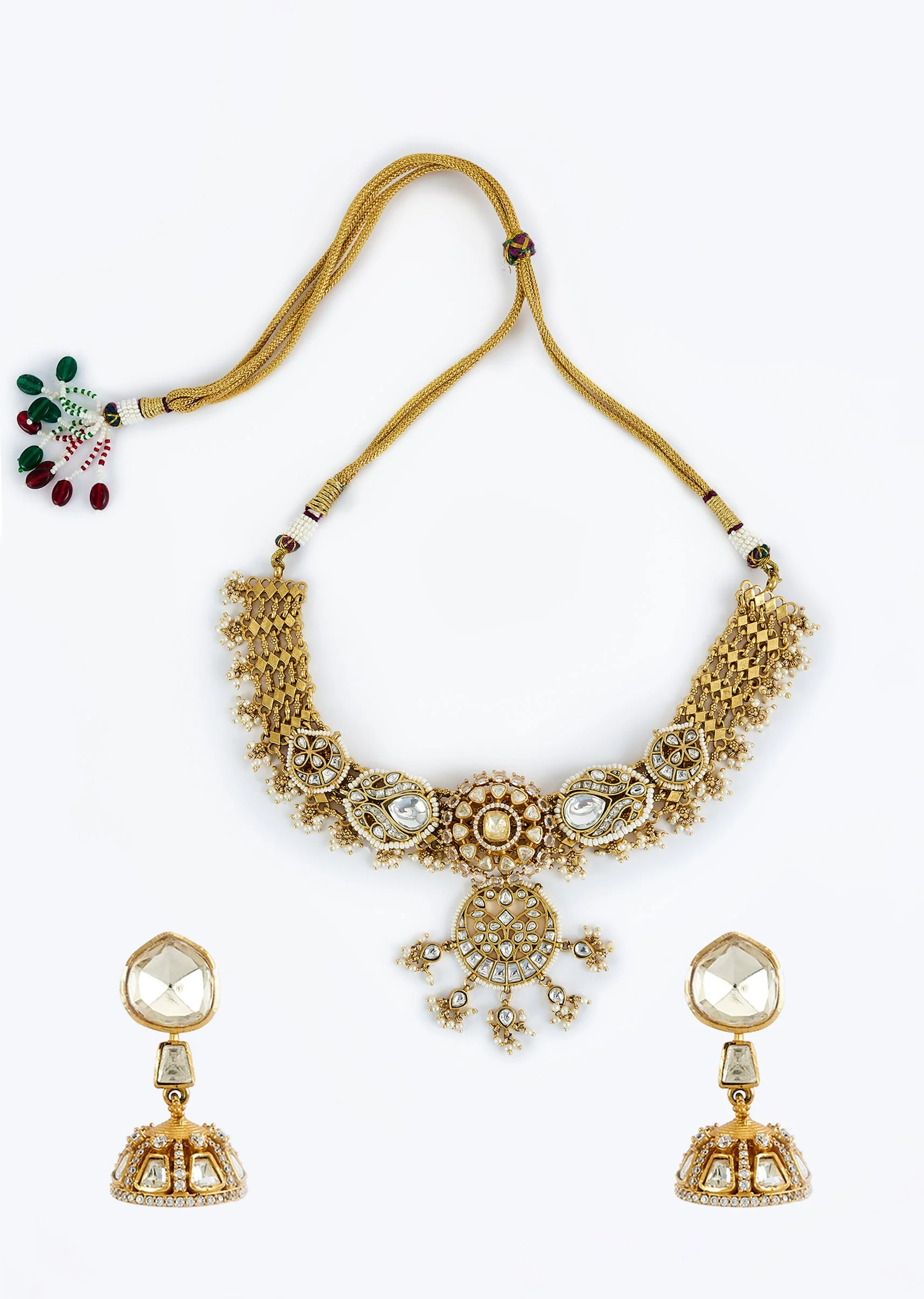 Gold Plated Kundan Polki Short Necklace Set With Earrings - Image 2