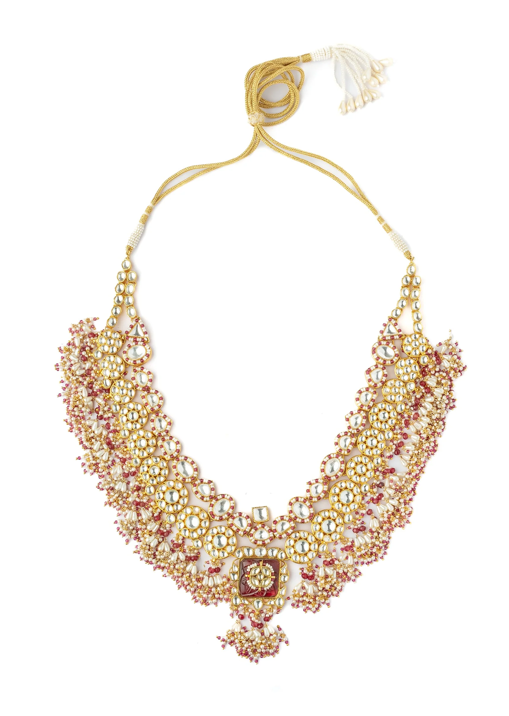 Gold Plated Red Stones Kundan Polki Necklace Set With Earrings - Image 2
