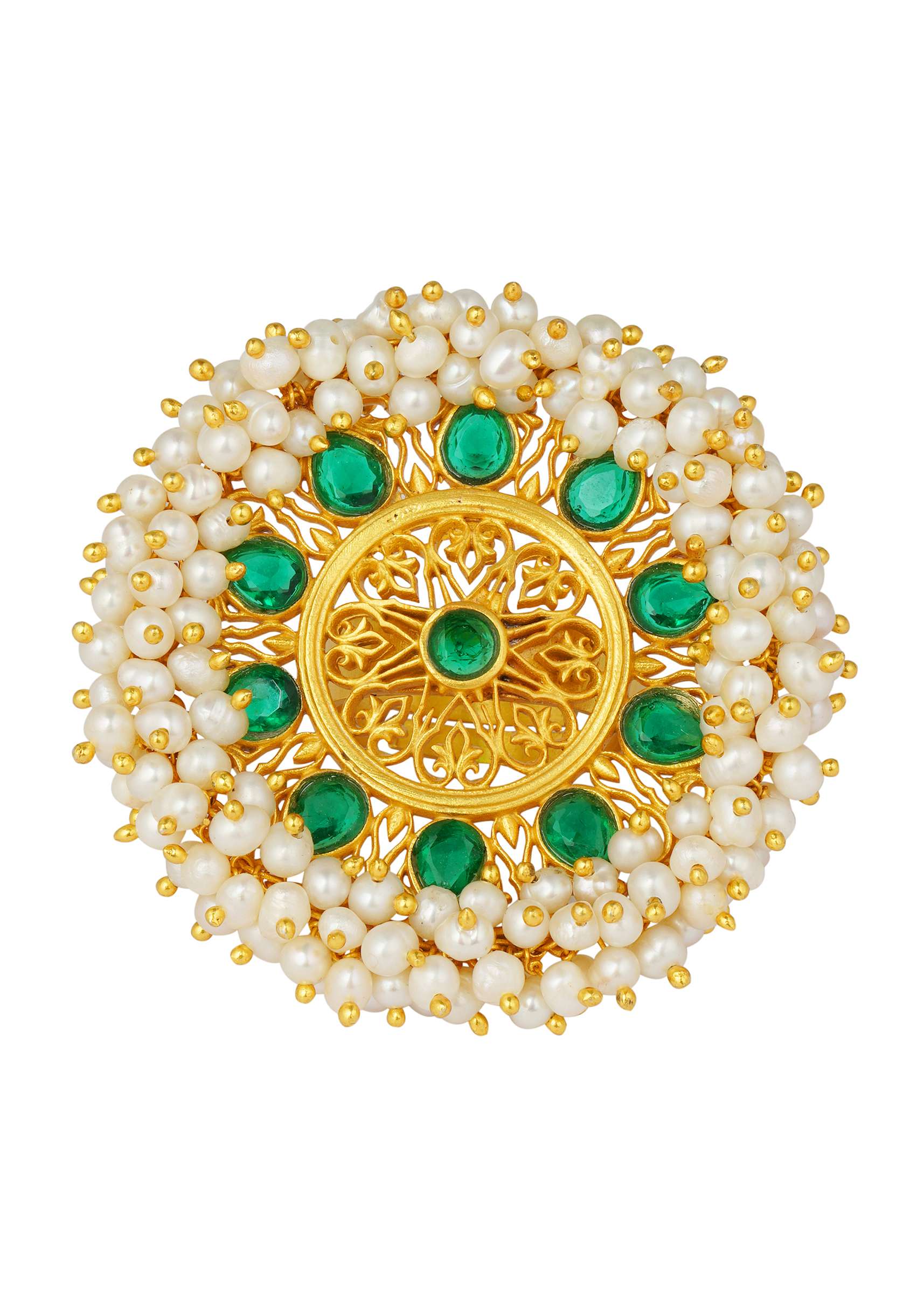 Gold Plated Ring With Green Cz Stones And Pearls Inspired From The Royal Crown By Zariin - Image 3