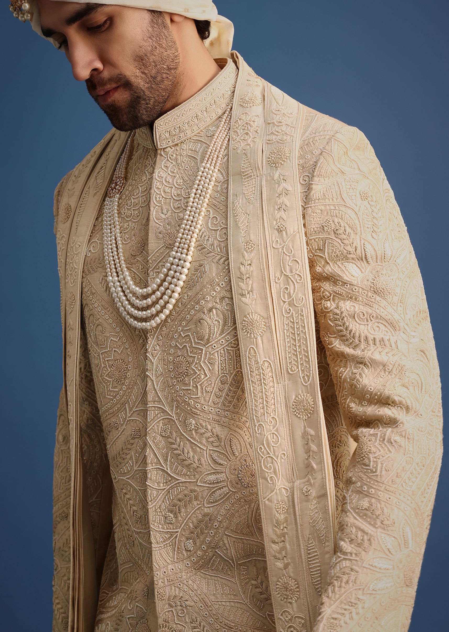 Gold Raw Silk Sherwani Suit With Hand Work - Image 3