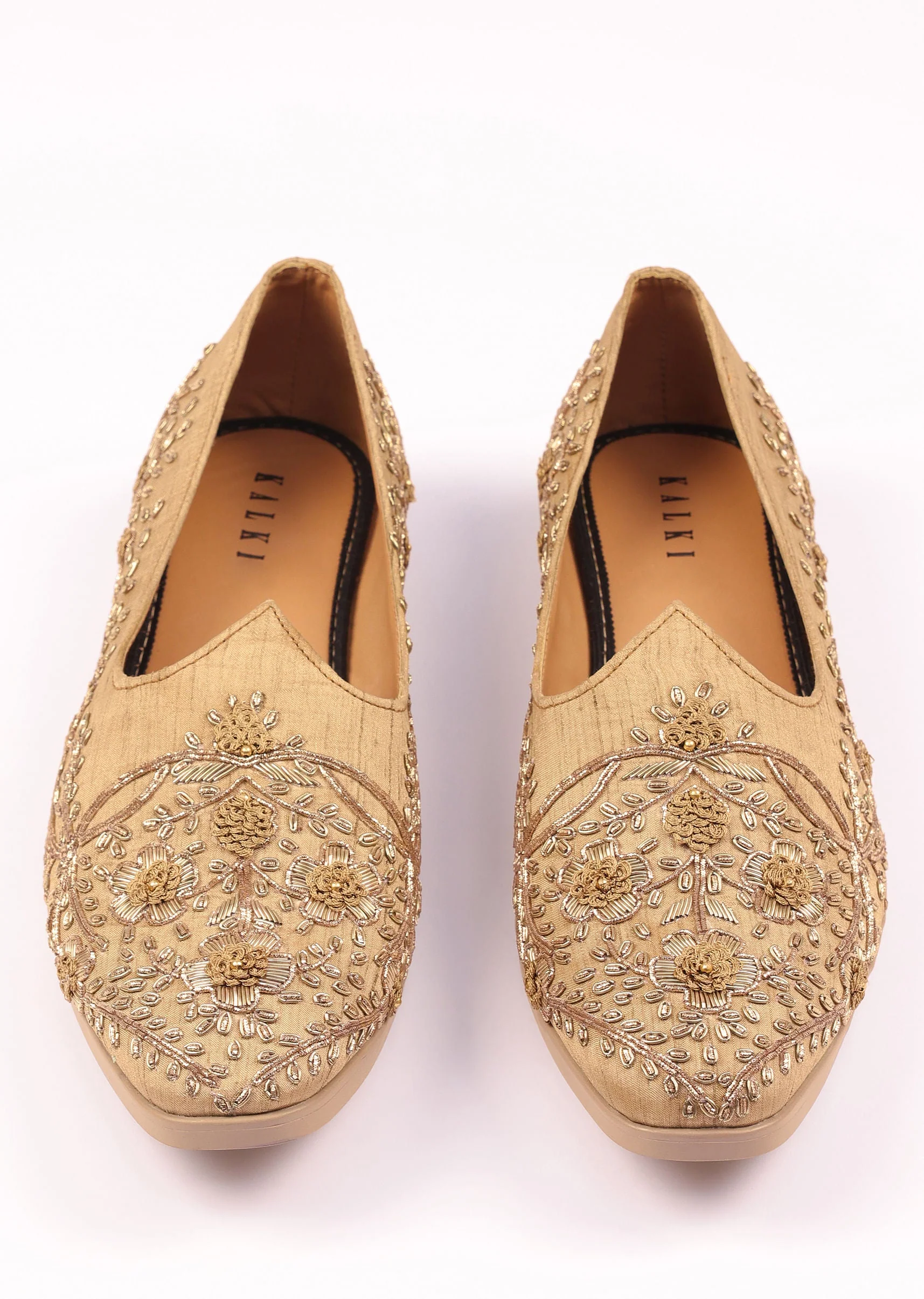 Gold Raw Silk Zardozi Embroidered Juttis - Image 5