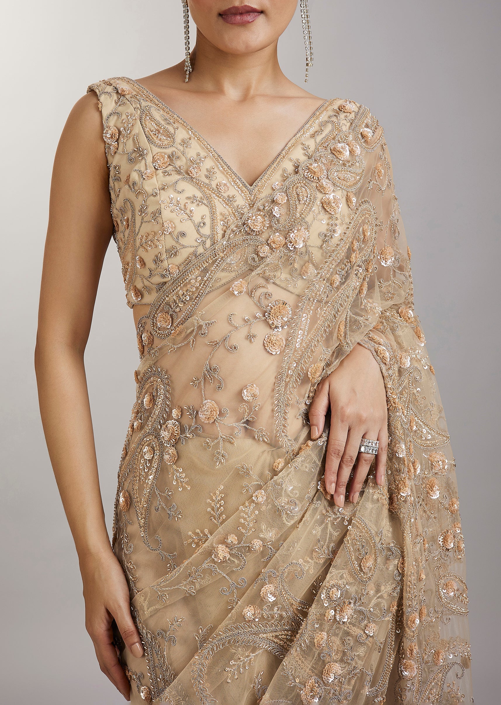Gold Sequin Embellished Net Saree - Image 2
