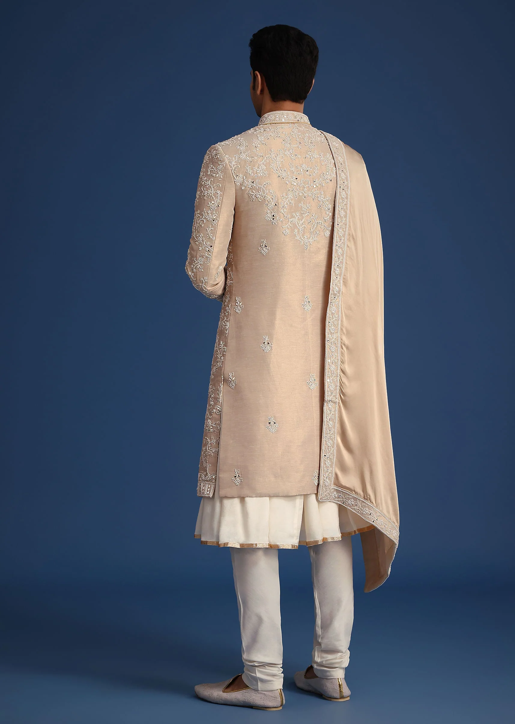 Gold Silk Mirror Work Sherwani Set With Dupatta - Image 5