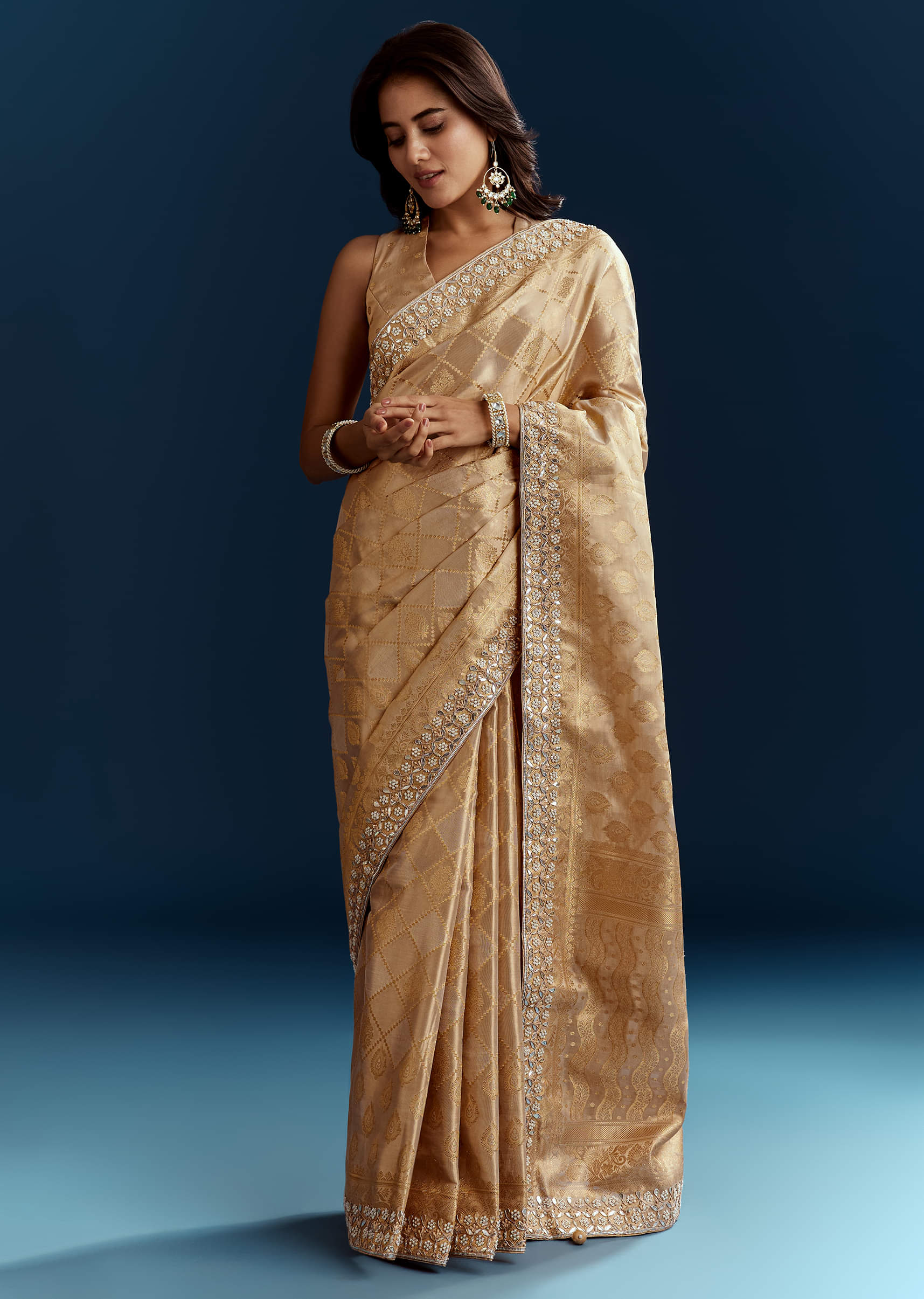 Gold Tissue Brocade Saree With Tassels And Gota Patti Moti Embroidery - Image 4