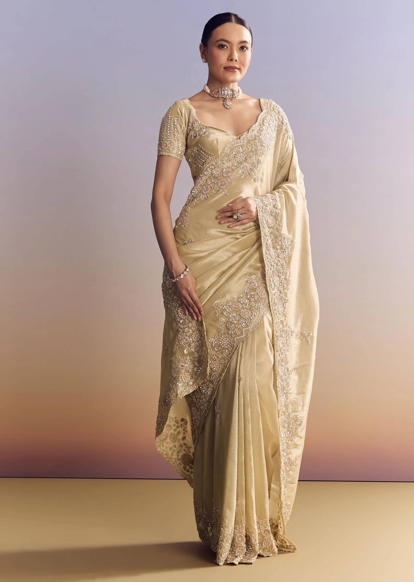 Gold Tissue Silk Saree With Scallop Border And Rich Embroidered Unstitched Blouse - Image 2