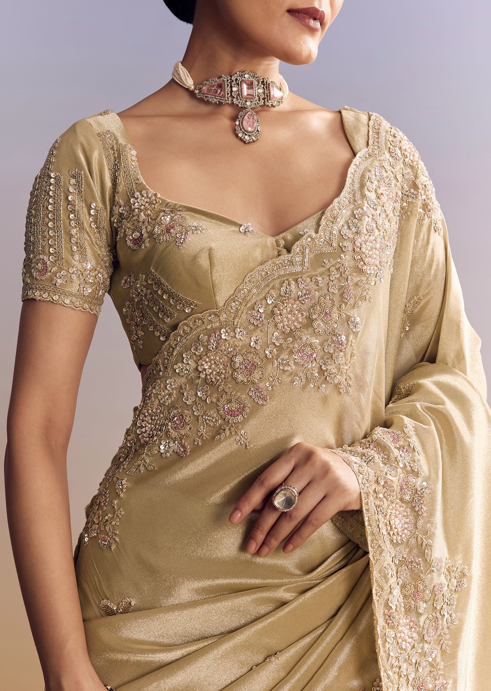 Gold Tissue Silk Saree With Scallop Border And Rich Embroidered Unstitched Blouse - Image 3