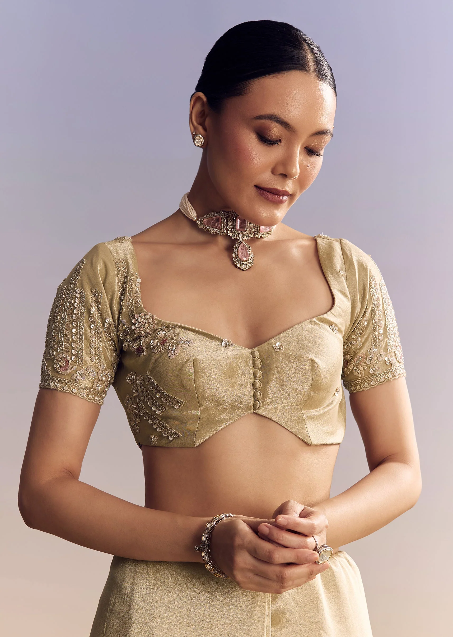 Gold Tissue Silk Saree With Scallop Border And Rich Embroidered Unstitched Blouse - Image 7