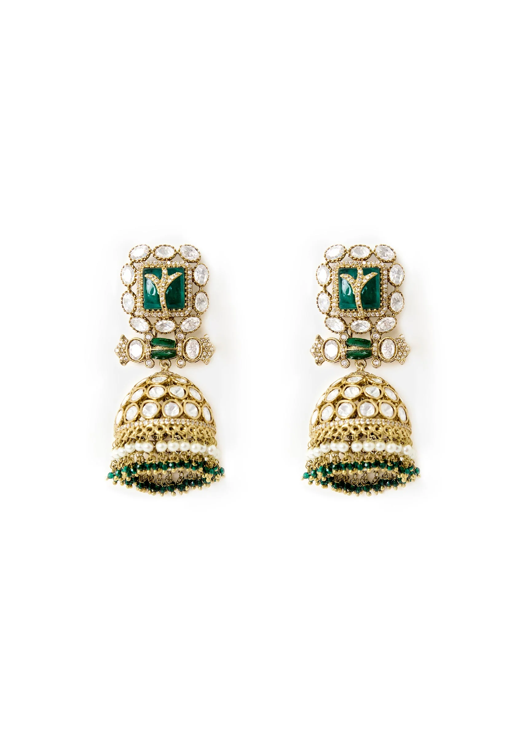 Gold Tone Jhumka Earrings With Green And Pink Stone and Pearl Detailing - Image 2