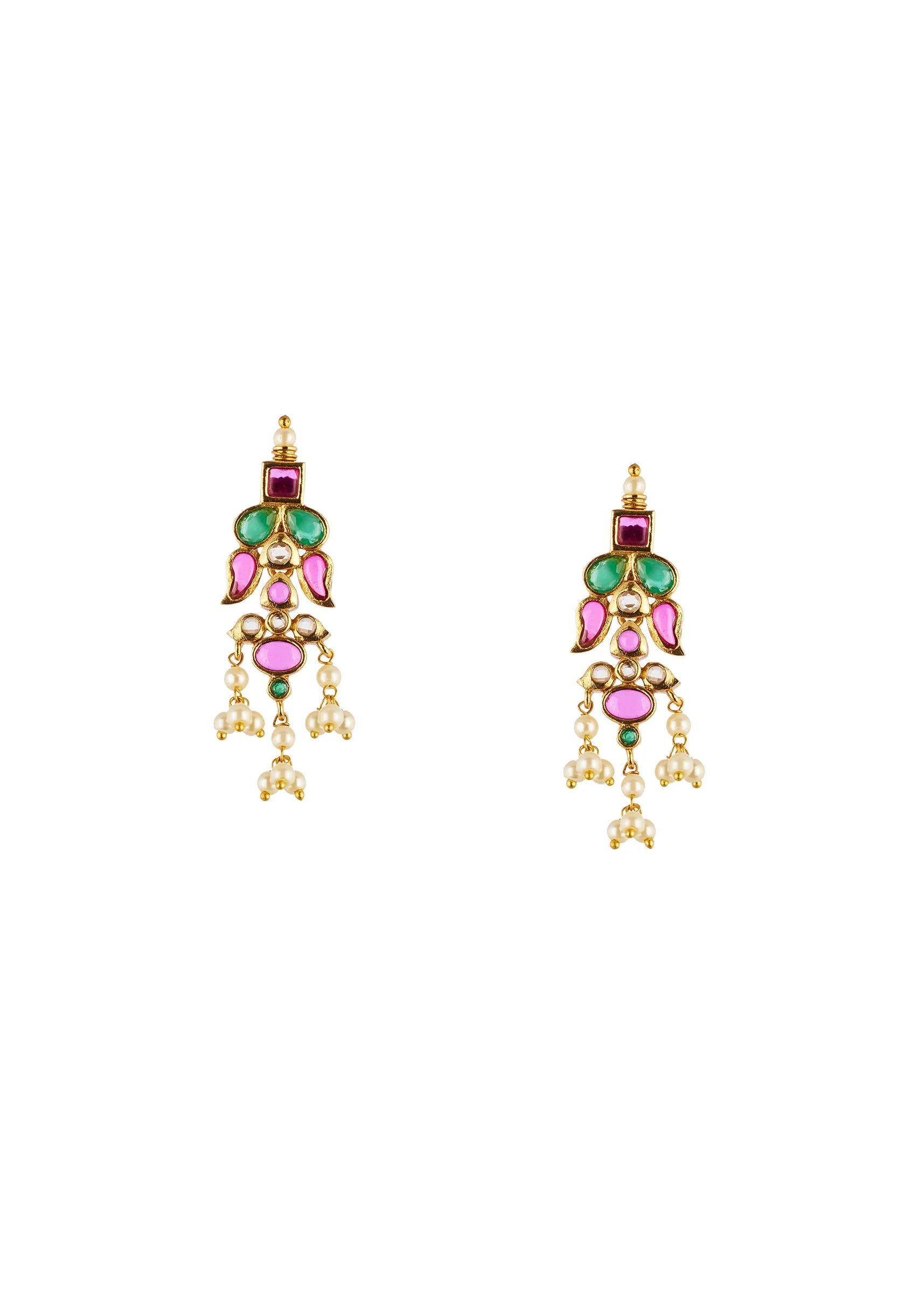 Gold Toned Necklace Set With Intricate Traditional Temple Motifs And Pink Green and White Simulated Stones - Image 4