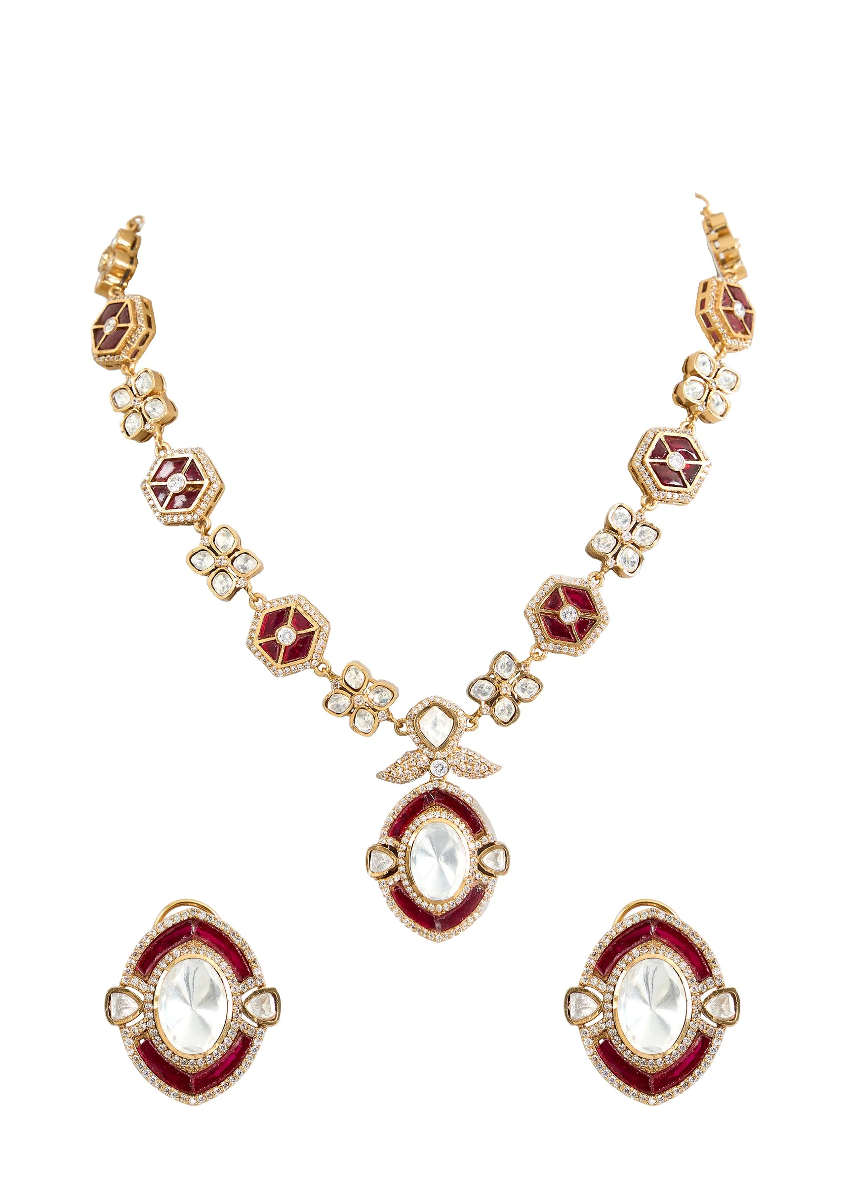 Gold Toned Polki Necklace Set With Matching Studs - Image 2