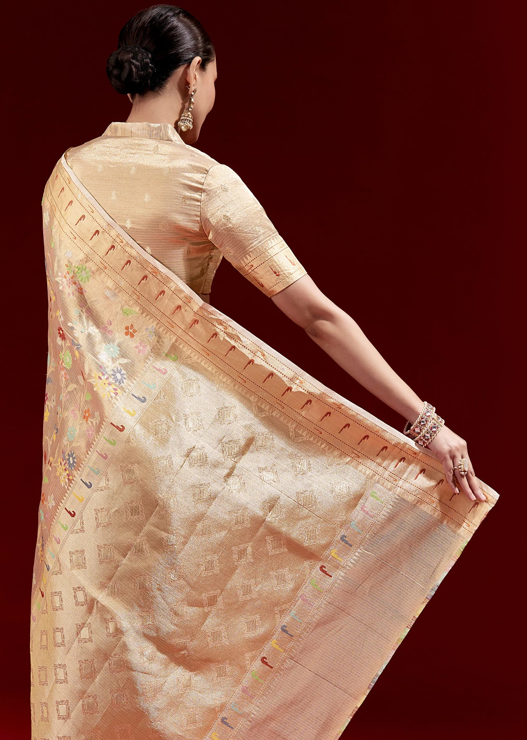 Golden Banarasi Tissue Saree With Multicolour Floral Weave And Paithani Motif Border - Image 6