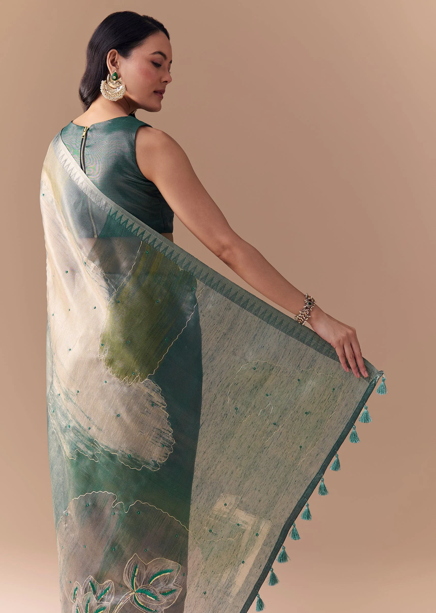 Graceful Couple Set – Teal Green Organza Silk Saree For Her And Green Modal Kurta Set With Hand Embroidery For Him - Image 4