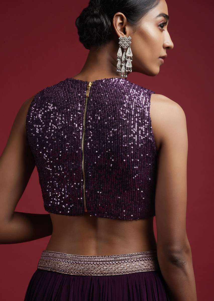 Grape Purple Sleeveless Blouse Embellished In Sequins With Curved Hemline And Back Zip Closure Online - Kalki Fashion - Image 2