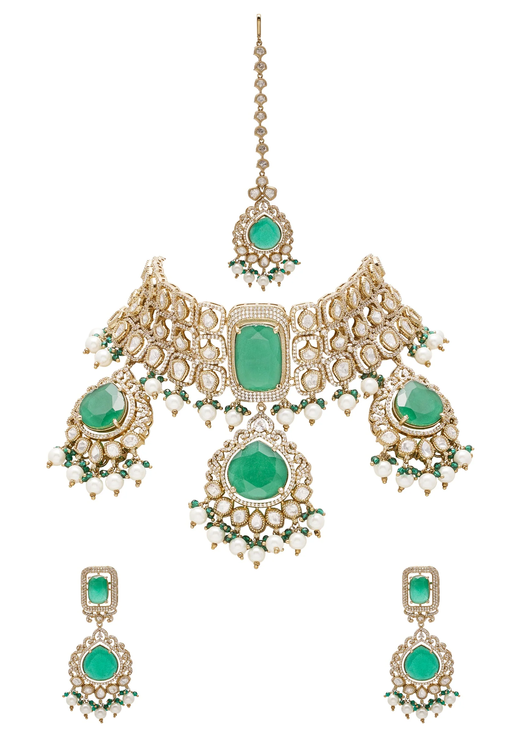 Green And Gold Teardrop Pendant Necklace Set With Maangtika - Image 2