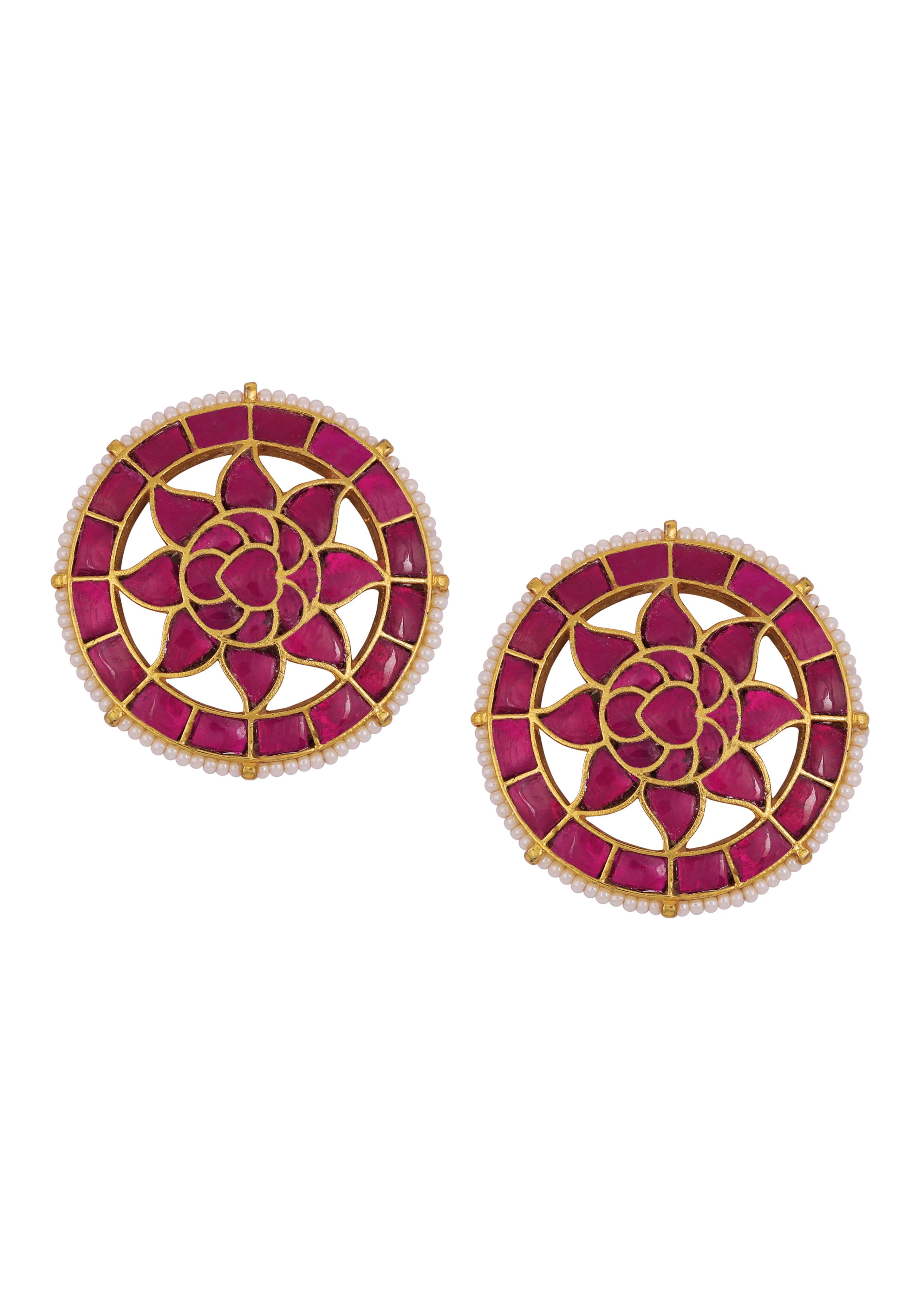 Green And Red Tone Chandabali Heavy Kundan Earrings With Pearls - Image 2