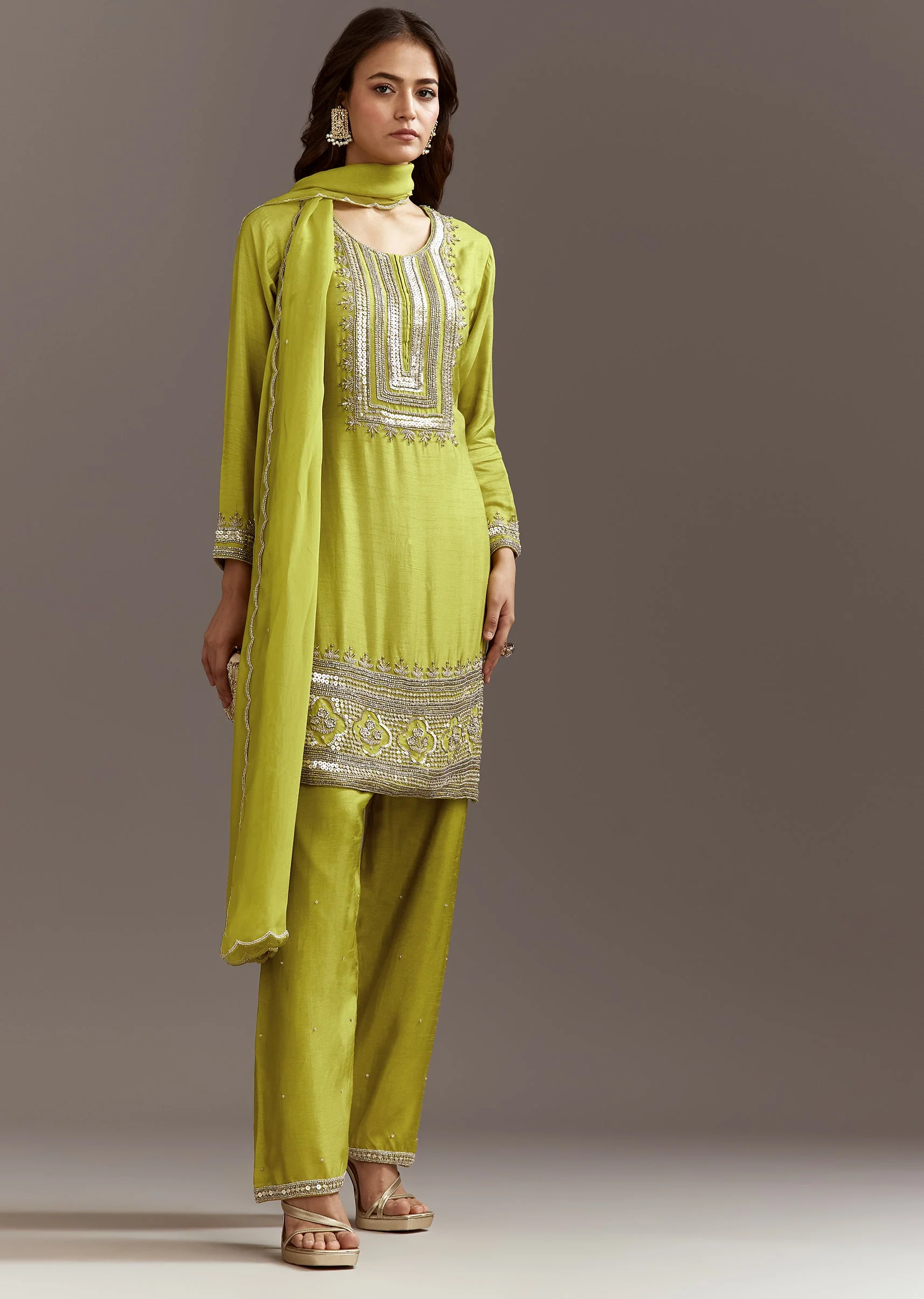 Green Beads And Sequins Work Kurta Set With Organza Dupatta - Image 4