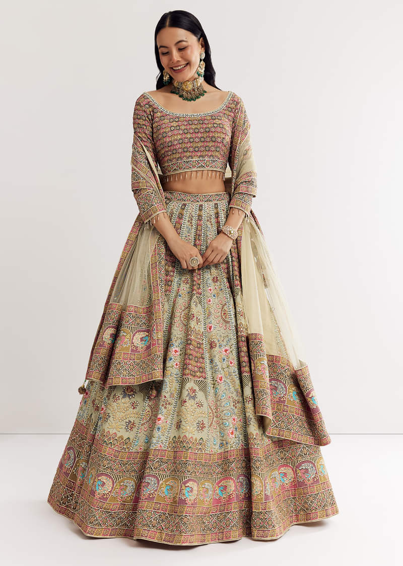 Green Beige Georgette Printed Lehenga With Scoop Neckline And Net Dupatta - Image 3