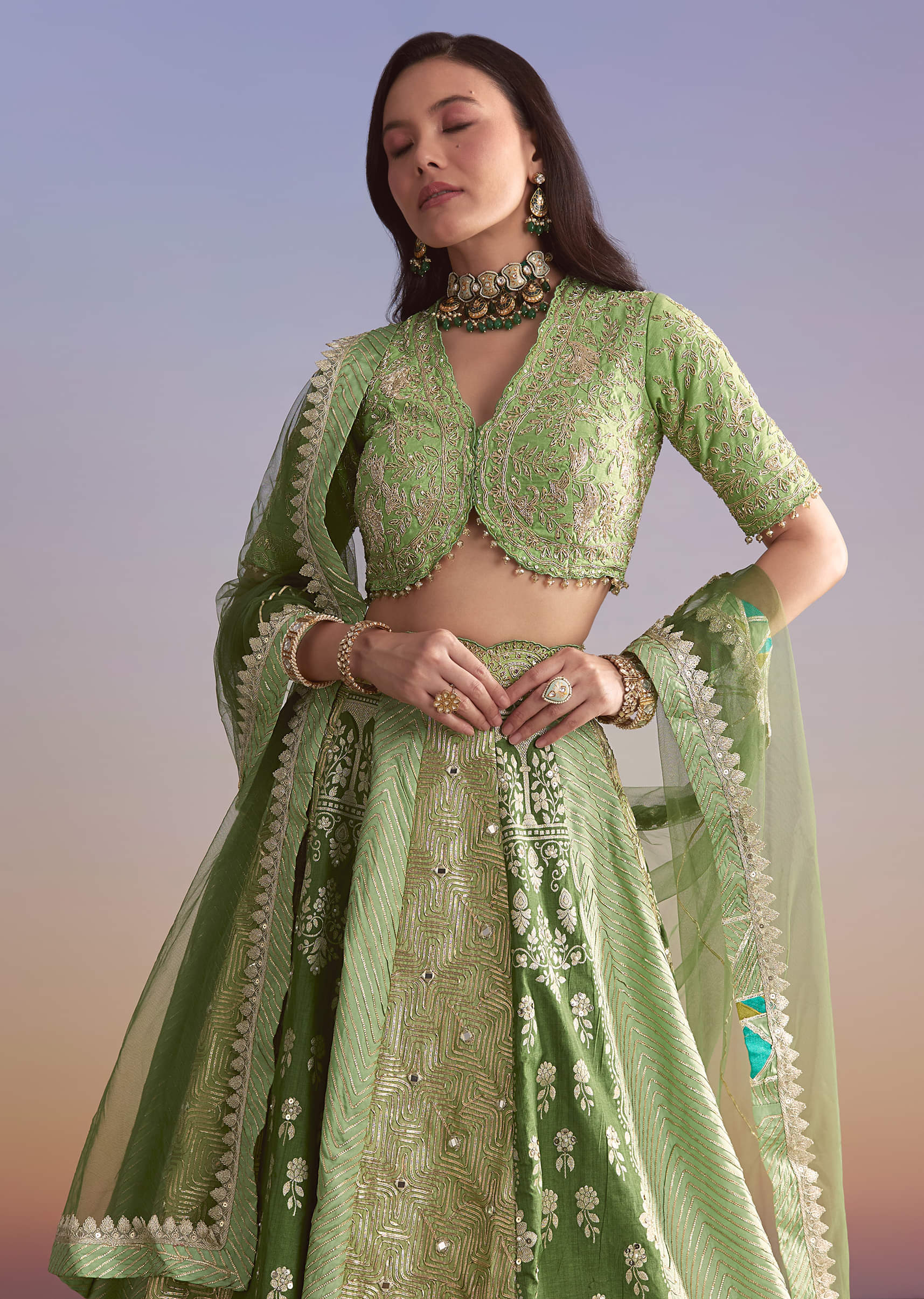 Green Brocade Silk Bridesmaid Lehenga With Zardosi Embroidery - Image 5