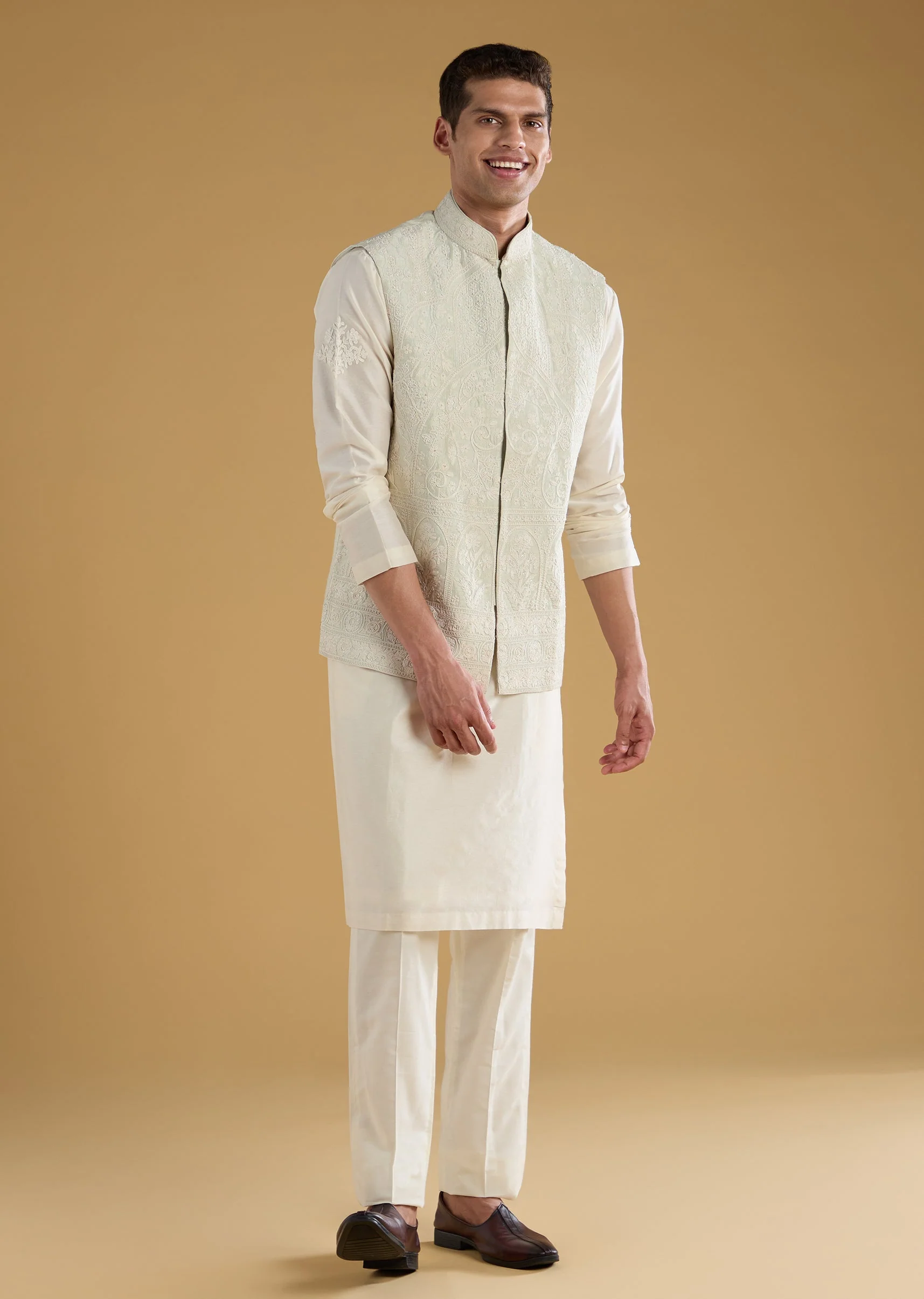 Green Chanderi Mens Jacket Kurta Set - Image 4