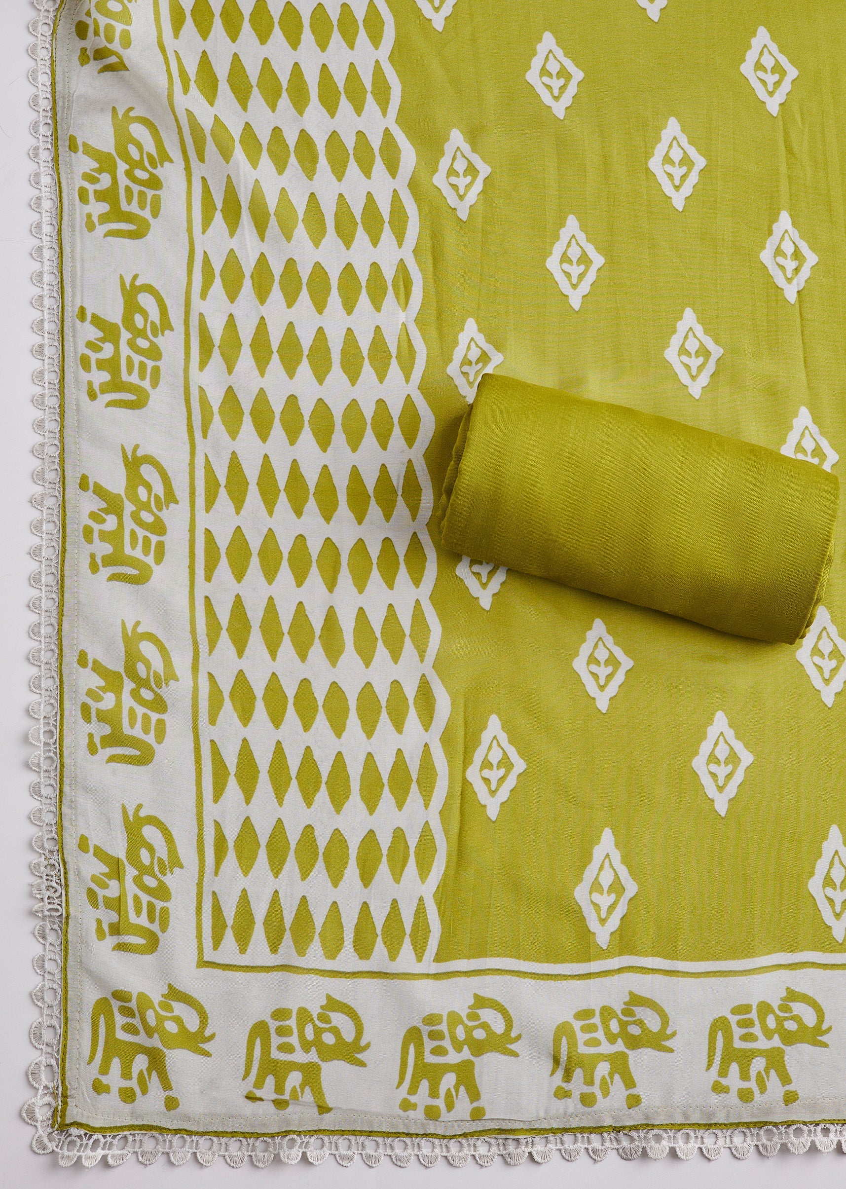 Green Chanderi Printed Unstitched Suit Set With Dupatta - Image 4