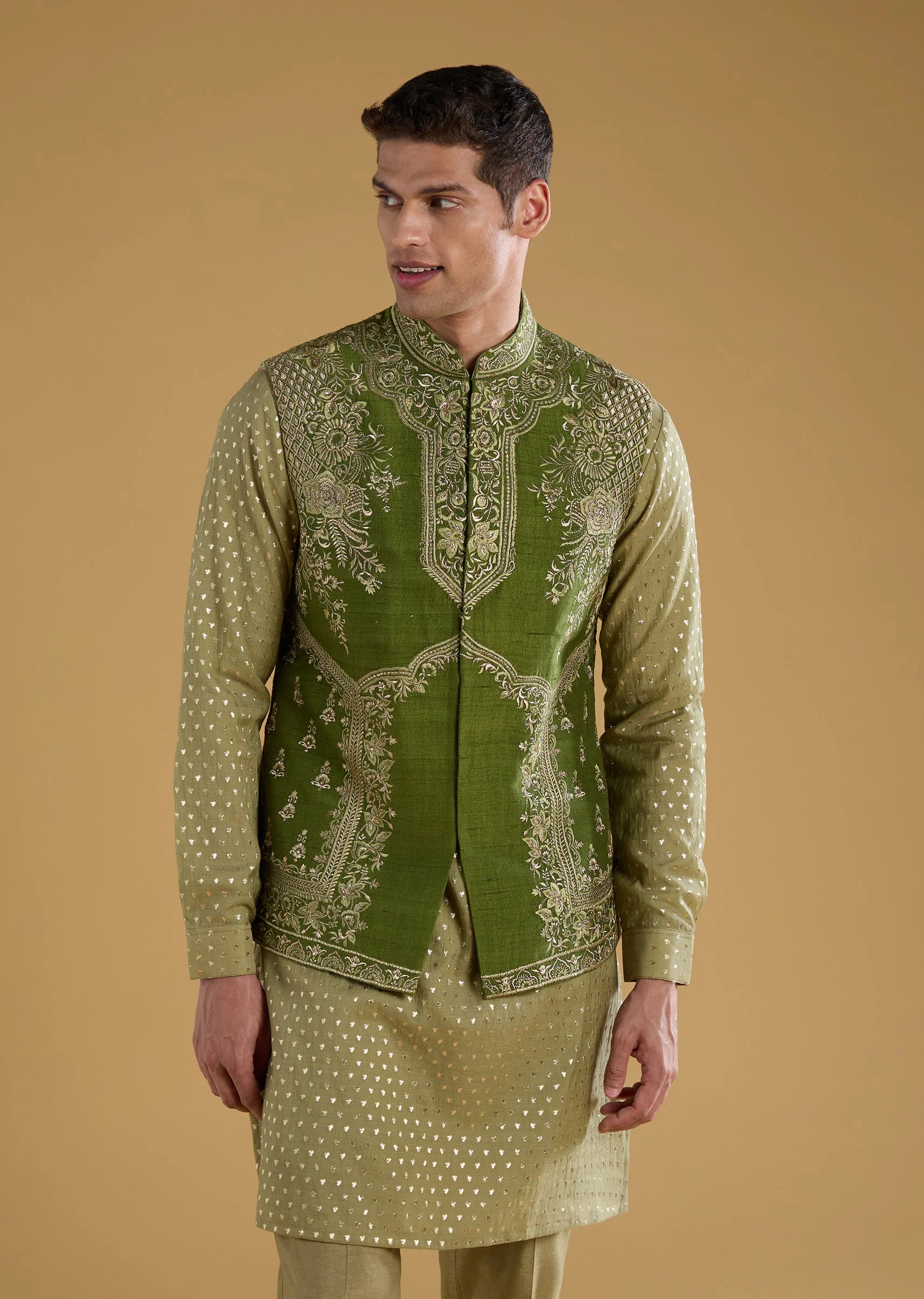 Green Chanderi Zari Embroidered Mens Jacket Kurta Set - Image 4
