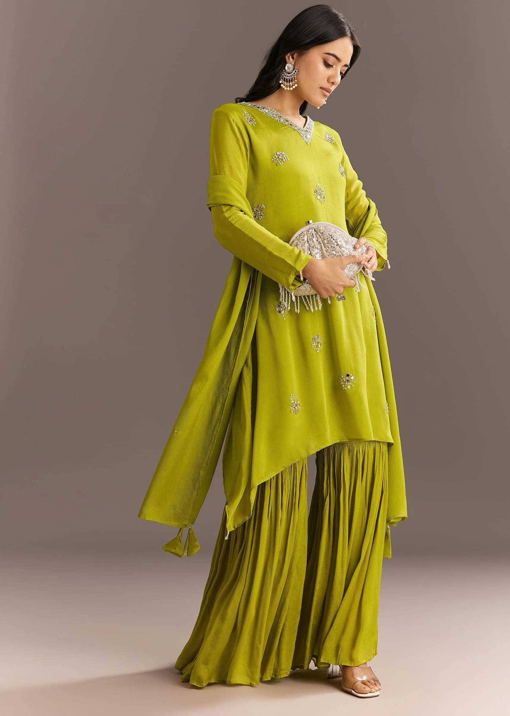 Green Chinon Asymmetrical Cut Kurta Sharara With Dupatta - Image 3